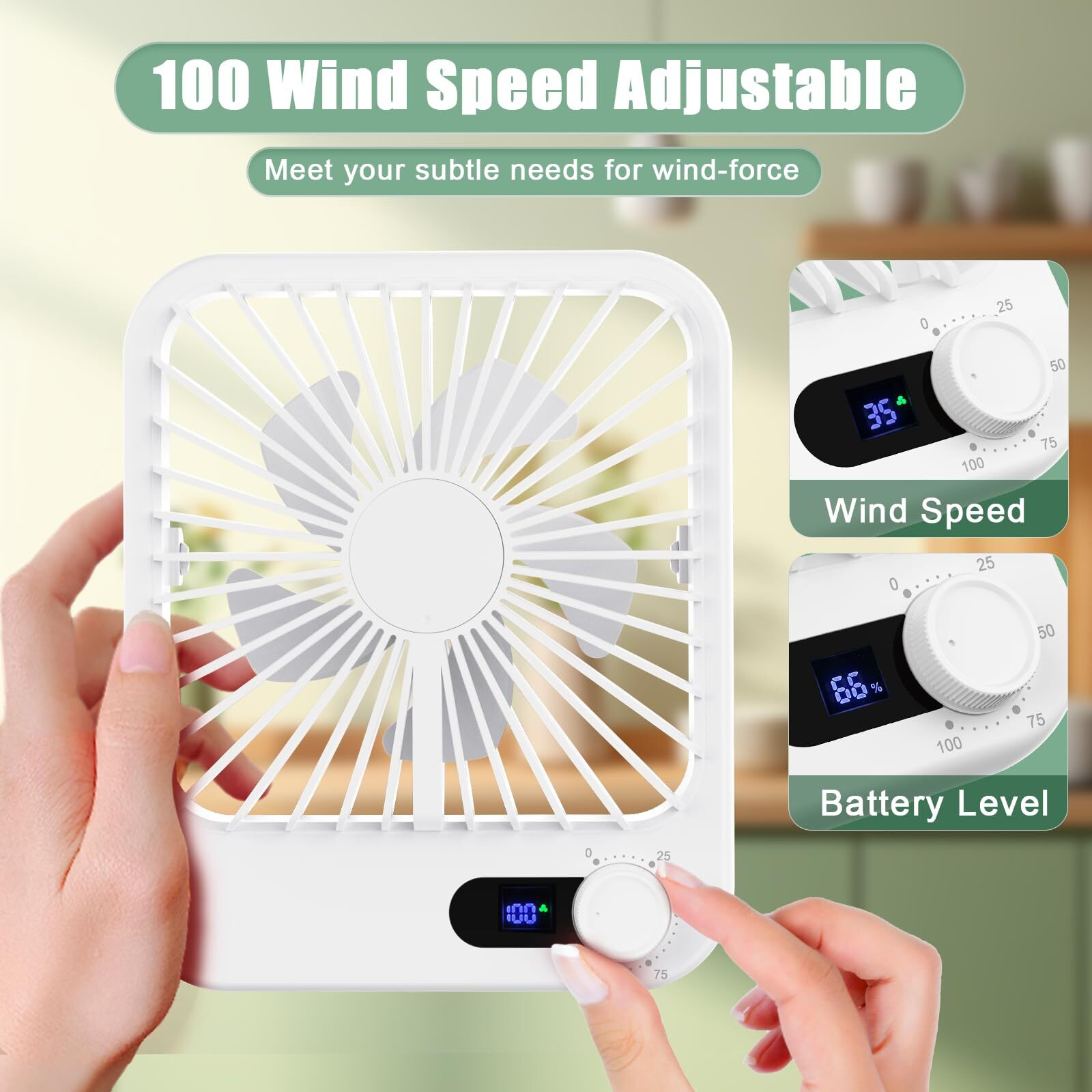 Travel Fan For Sleeping, Portable Fan For Travel Rechargeable With Digital Display, 100 Speed Wind Personal Usb Fan With Variable Speed Knob, Small Desk Fan For Bedroom Travel Essentials, White