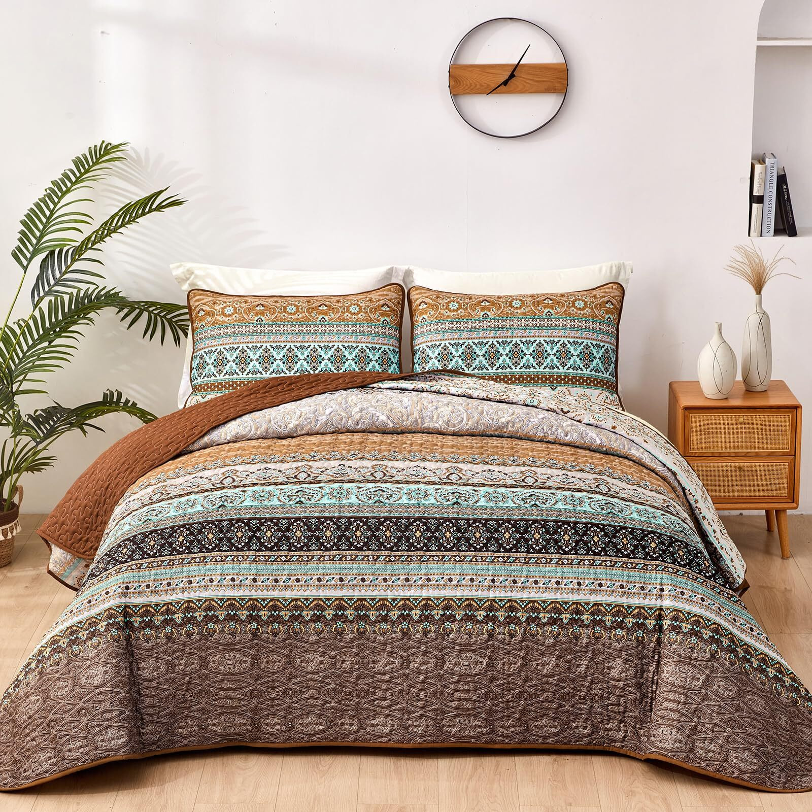 Wongs Bedding Boho Fall Queen Quilt Set, Brown Bohemian Queen Quilt Bedding Set, Lightweight Microfiber Bed Decor Bedspread For All Season 96"&quotX90""(3 Pieces)