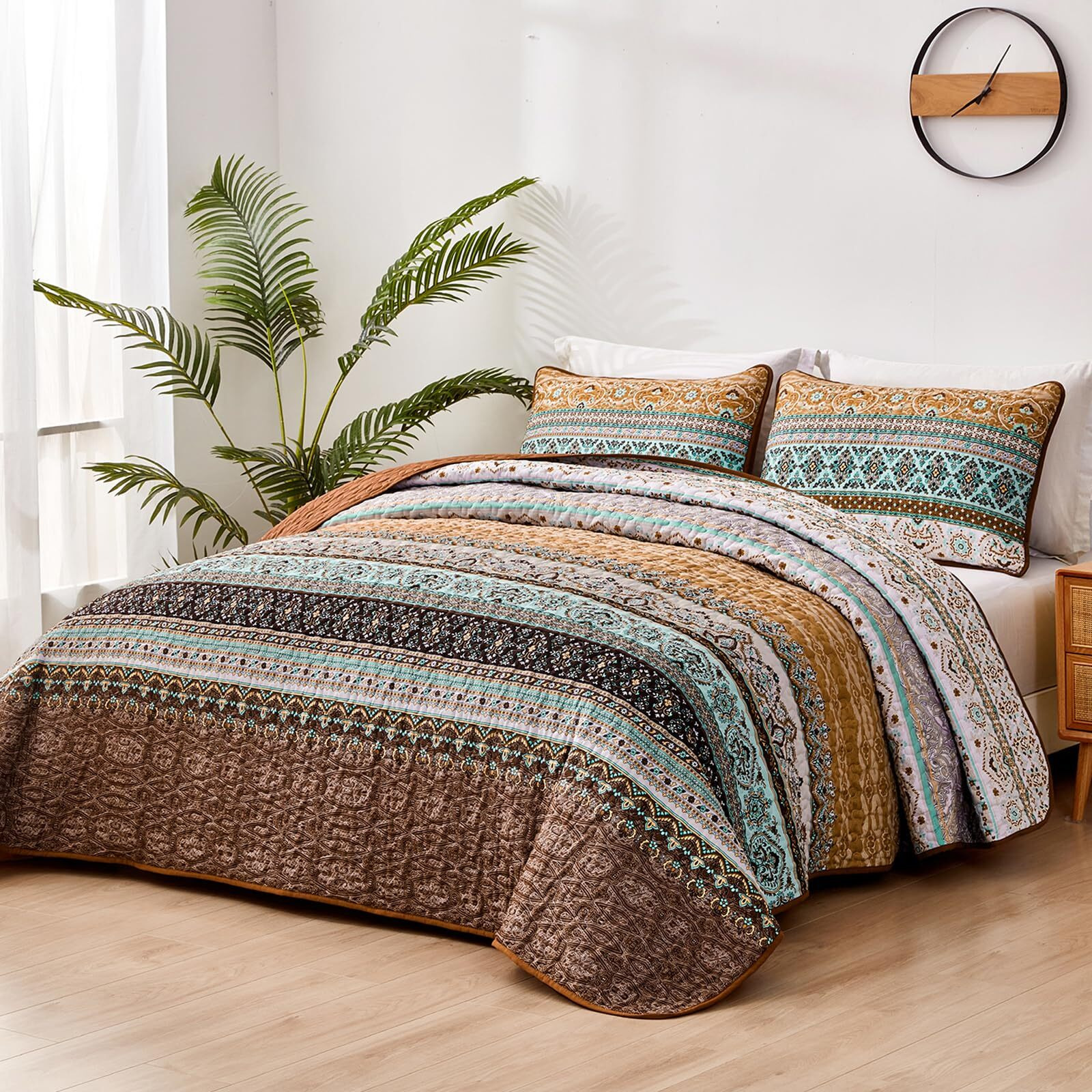 Wongs Bedding Boho Fall Queen Quilt Set, Brown Bohemian Queen Quilt Bedding Set, Lightweight Microfiber Bed Decor Bedspread For All Season 96"&quotX90""(3 Pieces)
