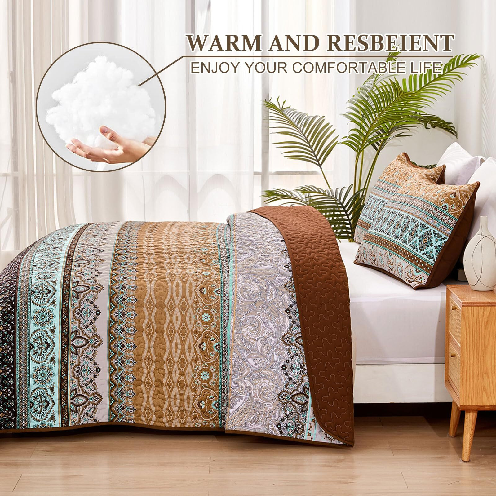 Wongs Bedding Boho Fall Queen Quilt Set, Brown Bohemian Queen Quilt Bedding Set, Lightweight Microfiber Bed Decor Bedspread For All Season 96"&quotX90""(3 Pieces)