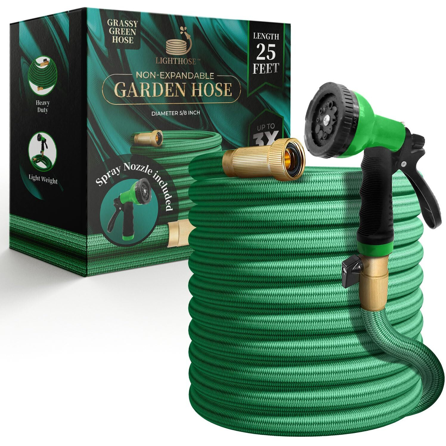 Lighthose Garden Hose, Non-Expandable Garden Hose, Super Light Weight Hose, No Burst, 3/4 Inch Solid Brass Connectors, 25 Ft, Grassy Green