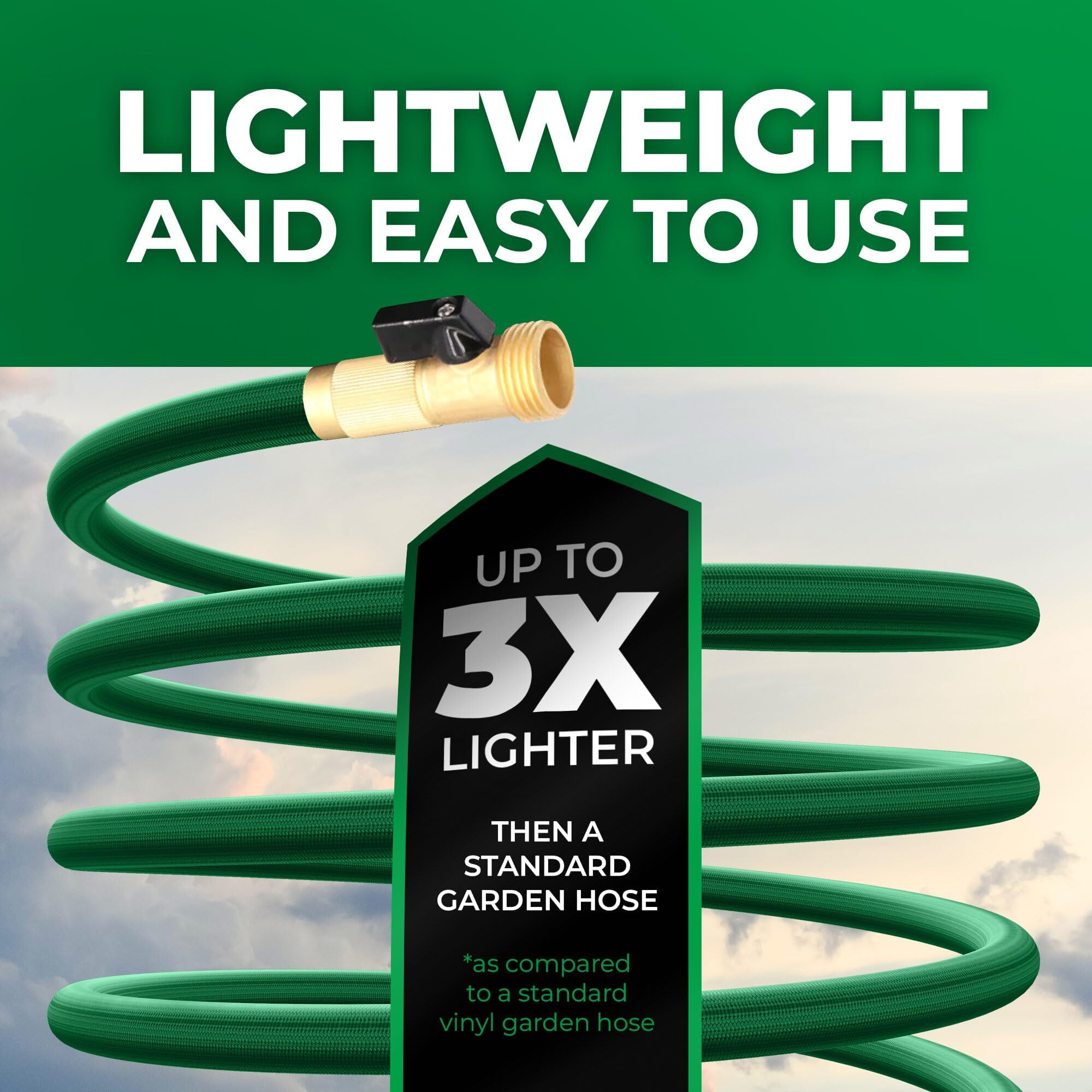 Lighthose Garden Hose, Non-Expandable Garden Hose, Super Light Weight Hose, No Burst, 3/4 Inch Solid Brass Connectors, 25 Ft, Grassy Green