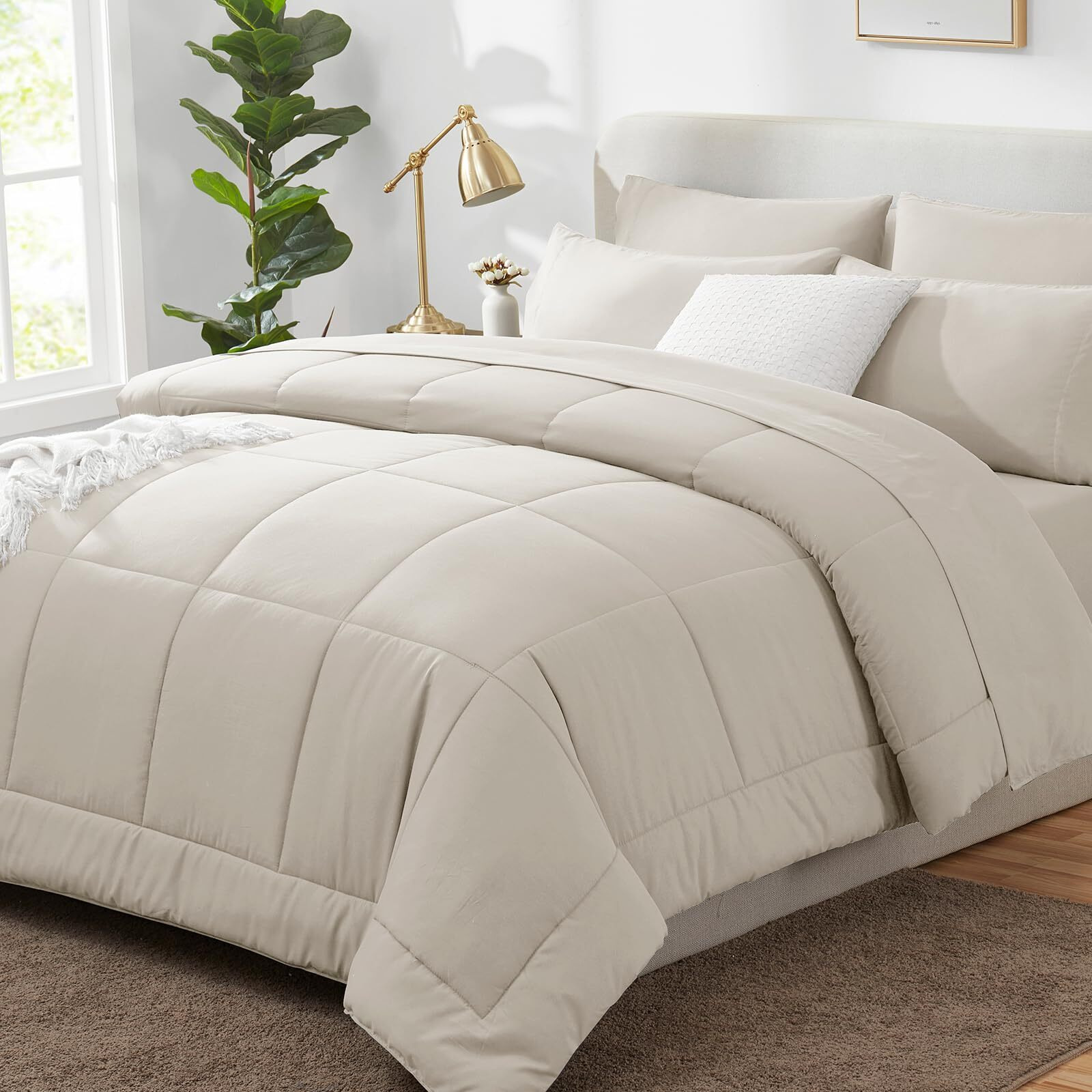 Cozylux King Size Comforter Sets - 7 Pieces Bed In A Bag Set Beige, Bedding Sets King With All Season Quilted Comforter, Flat Sheet, Fitted Sheet, Pillowcases, Beige, King
