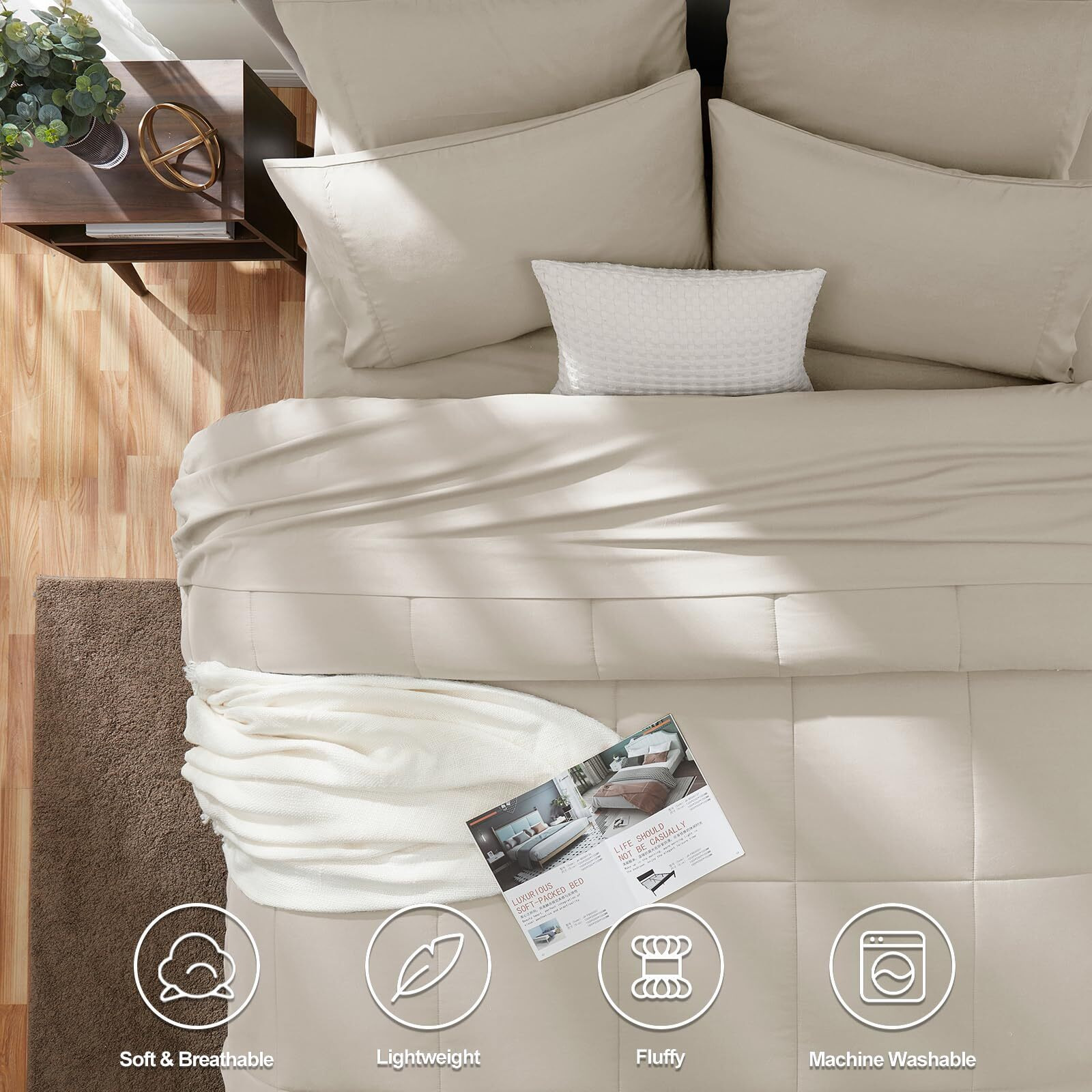 Cozylux King Size Comforter Sets - 7 Pieces Bed In A Bag Set Beige, Bedding Sets King With All Season Quilted Comforter, Flat Sheet, Fitted Sheet, Pillowcases, Beige, King