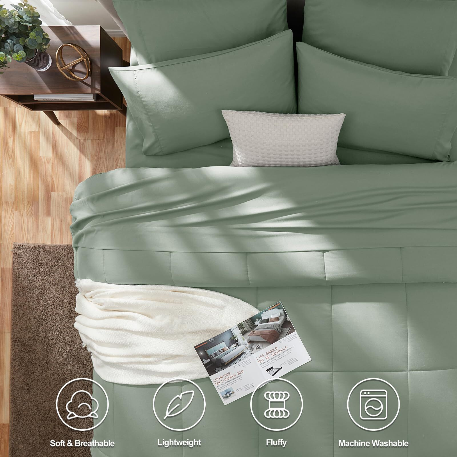 Cozylux King Size Comforter Sets - 7 Pieces Bed In A Bag Set Sage Green, Bedding Sets King With All Season Quilted Comforter, Flat Sheet, Fitted Sheet, Pillowcases, Sage Green, King