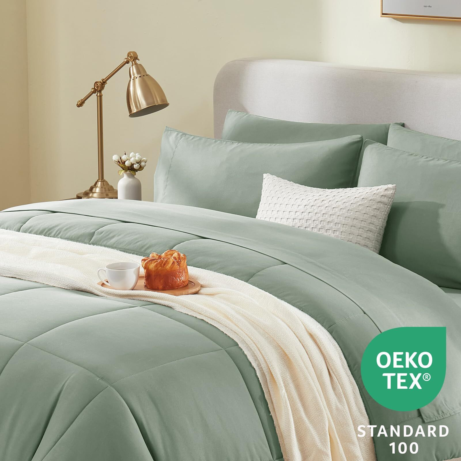 Cozylux King Size Comforter Sets - 7 Pieces Bed In A Bag Set Sage Green, Bedding Sets King With All Season Quilted Comforter, Flat Sheet, Fitted Sheet, Pillowcases, Sage Green, King