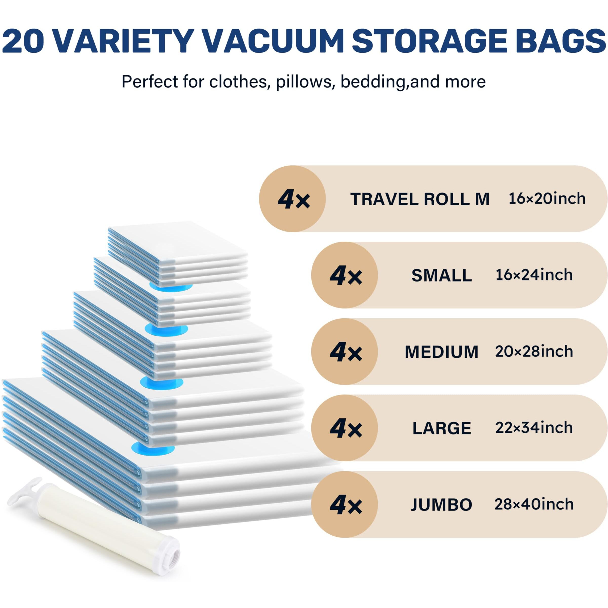 20 Pack Space Saver Bags (4 Jumbo/4 Large/4 Medium/4 Small/4 Roll M) Vacuum Storage Bags, Vacuum Seal Bags With Hand Pump For Comforters, Blankets, Bedding, Pillows And Clothes