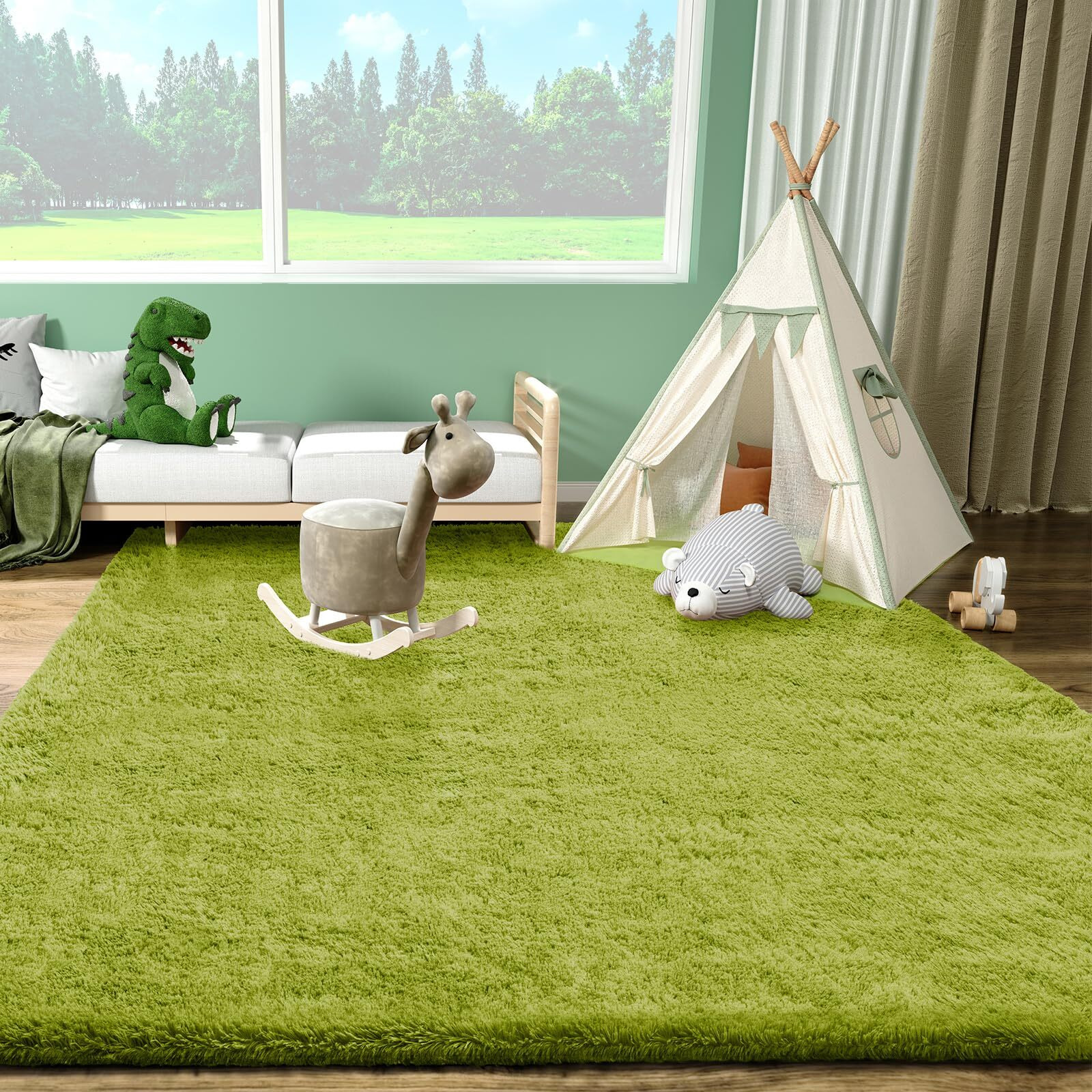 Ophanie Green Grass Area Rugs For Bedroom, 4X6 Shag Fluffy Carpet, Fuzzy Furry Plush Soft Cute Kids Baby Girls Shaggy Bedside Indoor Floor Rug For Teen Dorm Home Decor Aesthetic, Nursery
