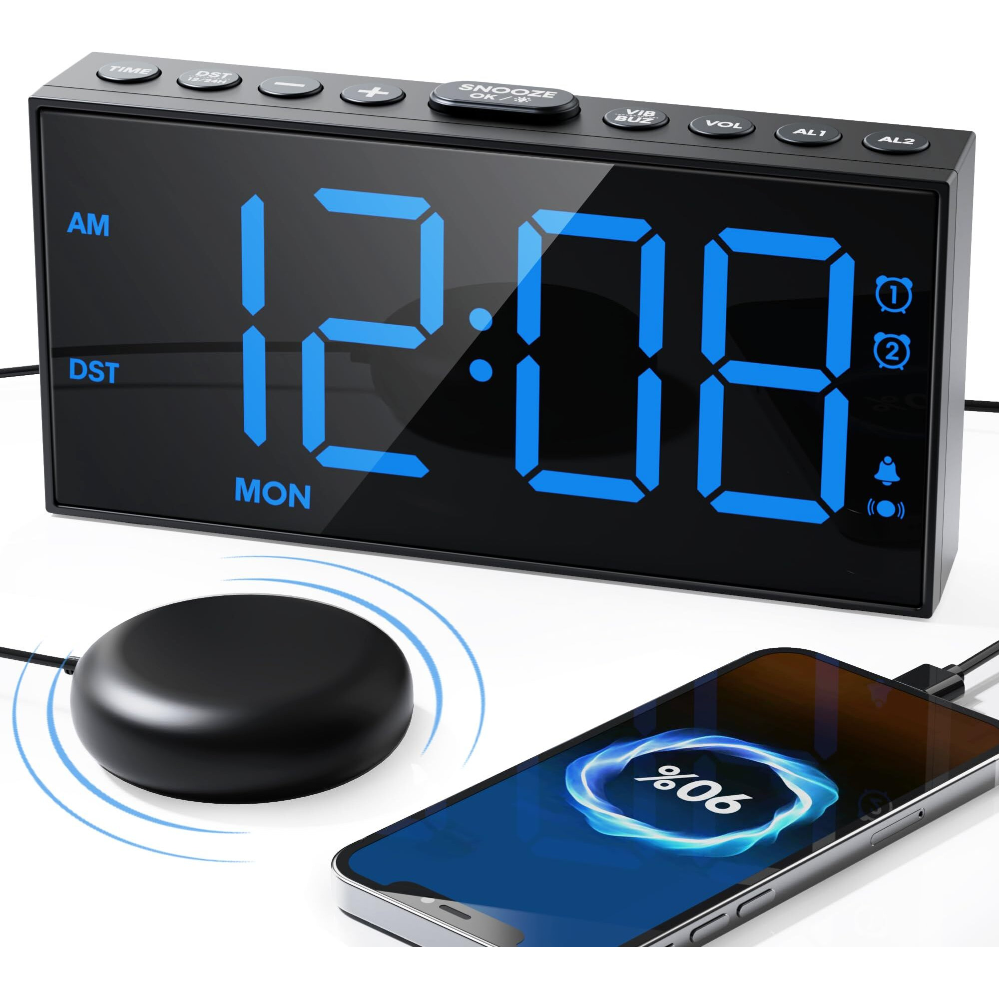 Extra Loud Alarm Clock For Heavy Sleepers Adults,Bed Shaker Alarm Clock With 2 Alarms For Everyday/Weekday/Weekend,Dimmer,Snooze,Usb Charging Port,12/24H Dst,Vibrating Clock For Hard Of Hearing/Teens