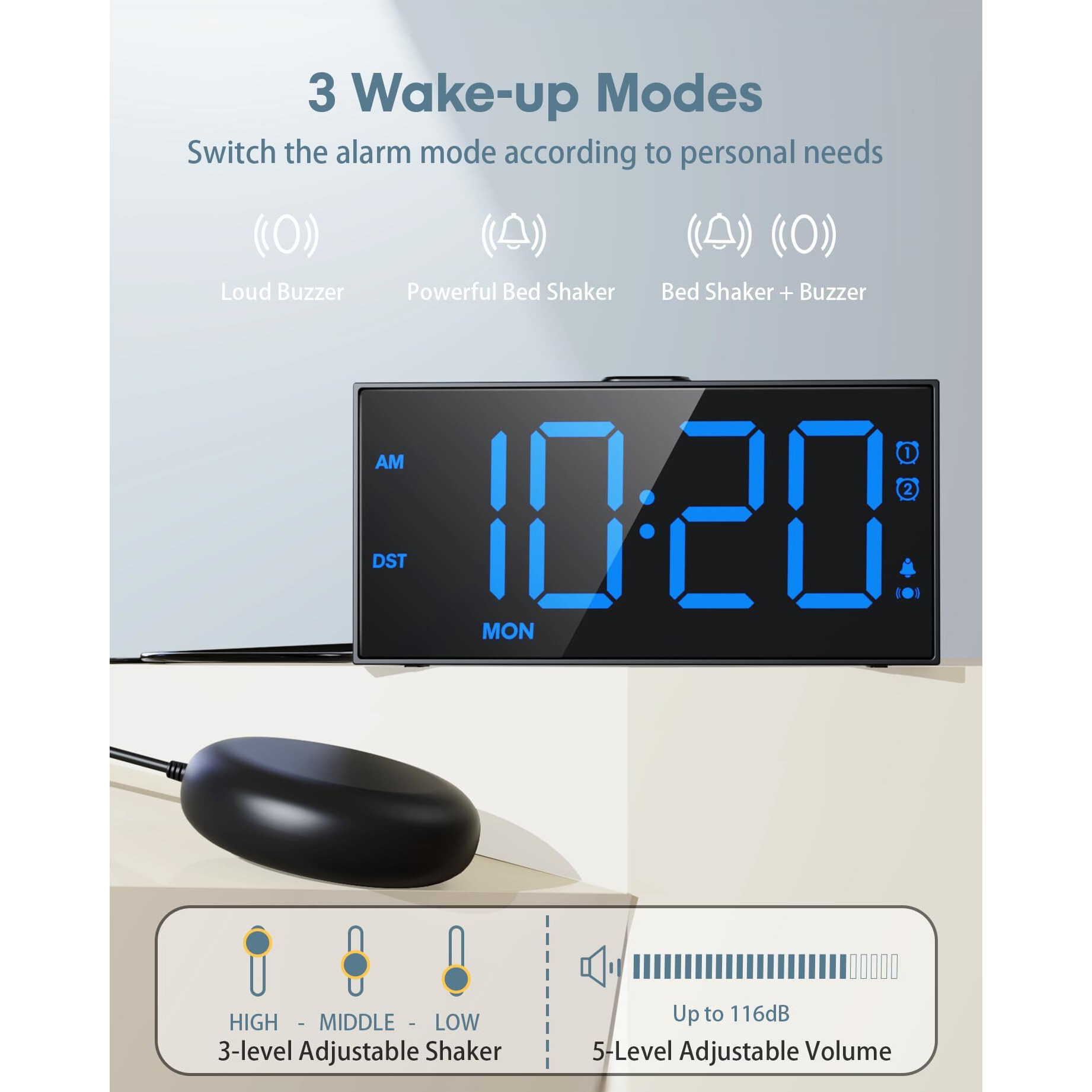 Extra Loud Alarm Clock For Heavy Sleepers Adults,Bed Shaker Alarm Clock With 2 Alarms For Everyday/Weekday/Weekend,Dimmer,Snooze,Usb Charging Port,12/24H Dst,Vibrating Clock For Hard Of Hearing/Teens
