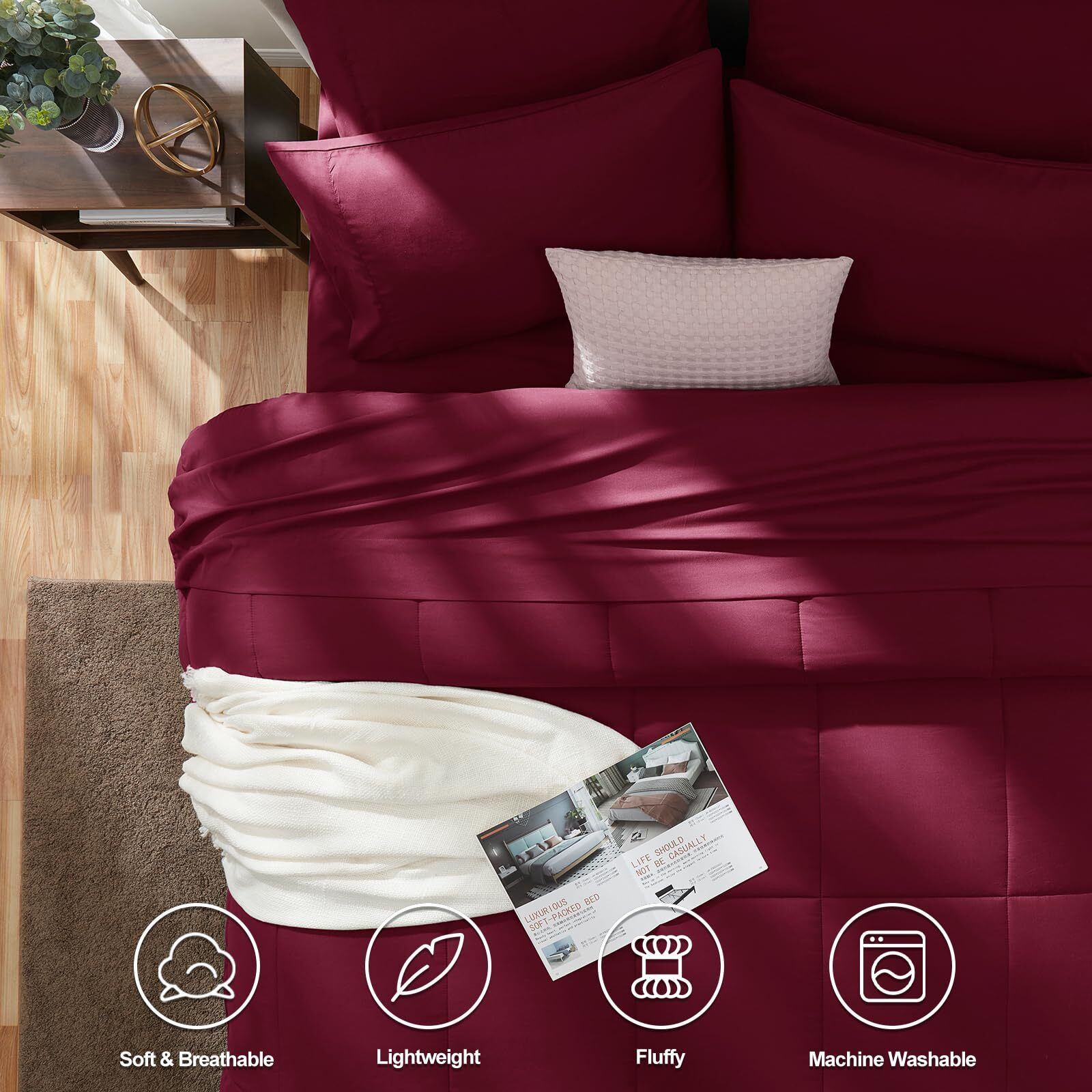 Cozylux King Size Comforter Set - 7 Pieces Bed In A Bag Set Burgundy, Bedding Sets King With All Season Quilted Comforter, Flat Sheet, Fitted Sheet, Pillowcases, Red, King