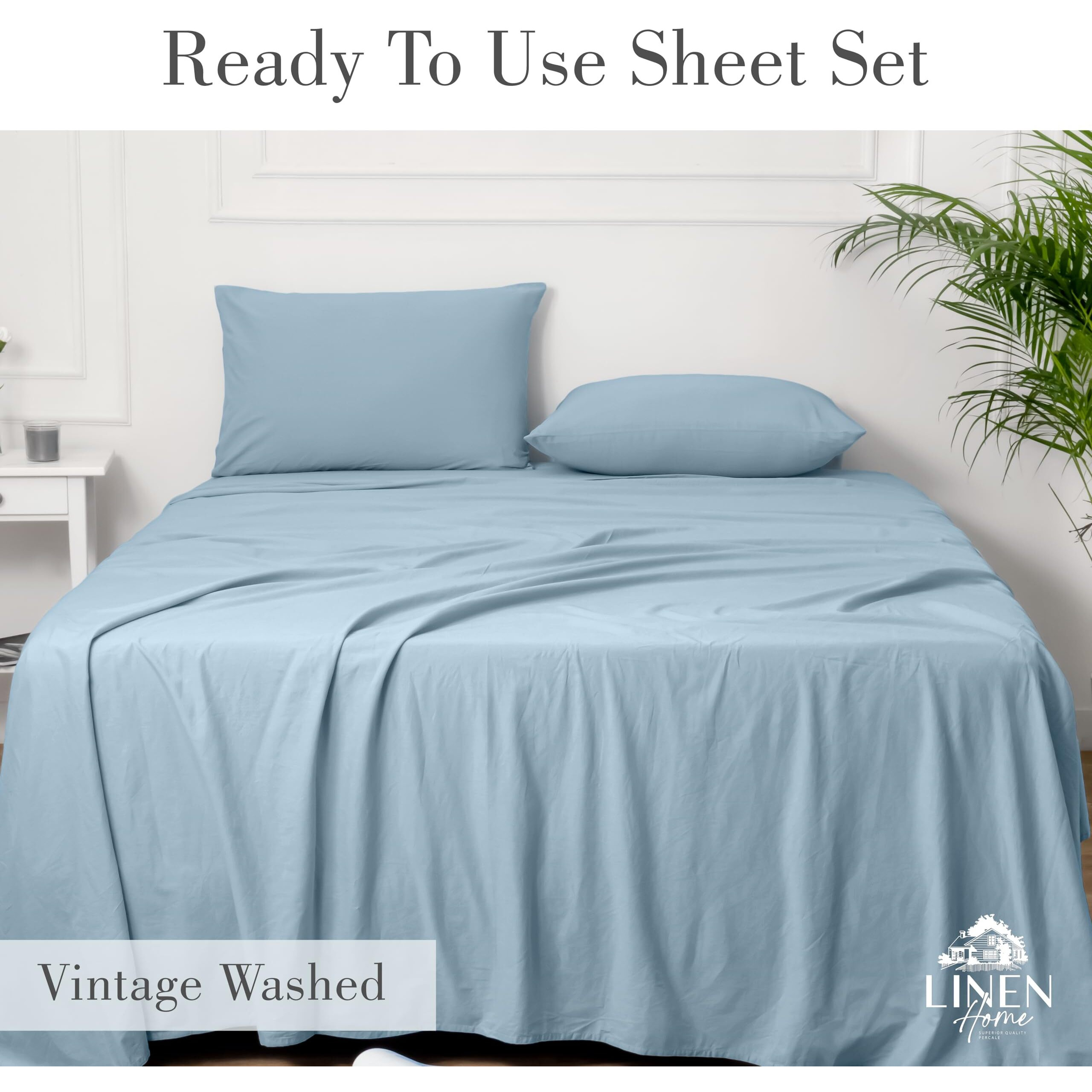 Linen Home Washed Cotton Percale Queen Sheet Set, Baby Blue, Deep Pocket, 4 Pieces Bed Sheets - 1 Flat Sheet, 1 Fitted Sheet & 2 Envelope Closure Pillowcases, Cool And Comfortable Bed Linen