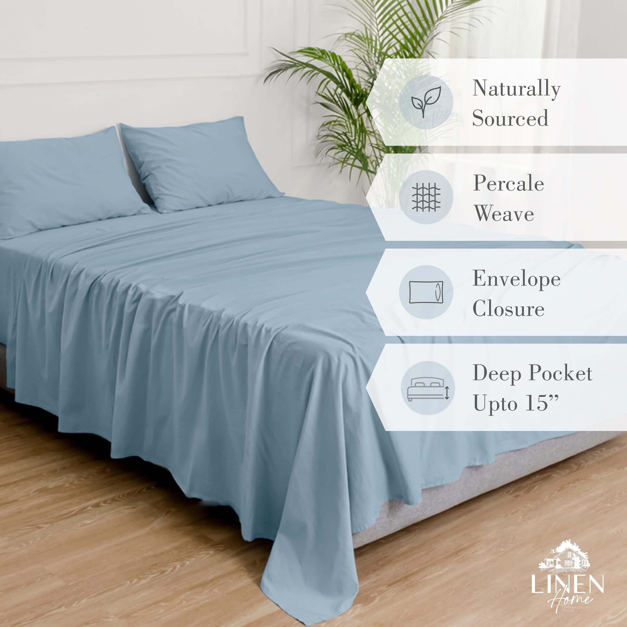 Linen Home Washed Cotton Percale Queen Sheet Set, Baby Blue, Deep Pocket, 4 Pieces Bed Sheets - 1 Flat Sheet, 1 Fitted Sheet & 2 Envelope Closure Pillowcases, Cool And Comfortable Bed Linen