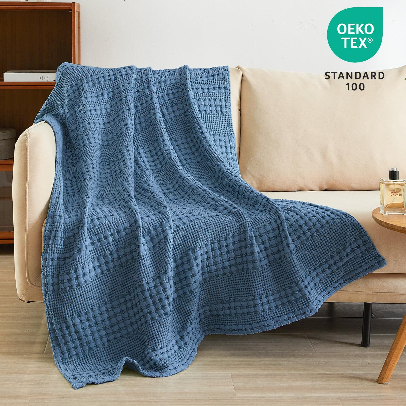 Phf 100% Cotton Waffle Weave Throw Blanket - Lightweight Washed Cotton Throw Blanket For Spring & Summer -50"&quotX60"" Aesthetic Breathable & Skin-Friendly Blanket For Room Decor & Office -Captain's Blue