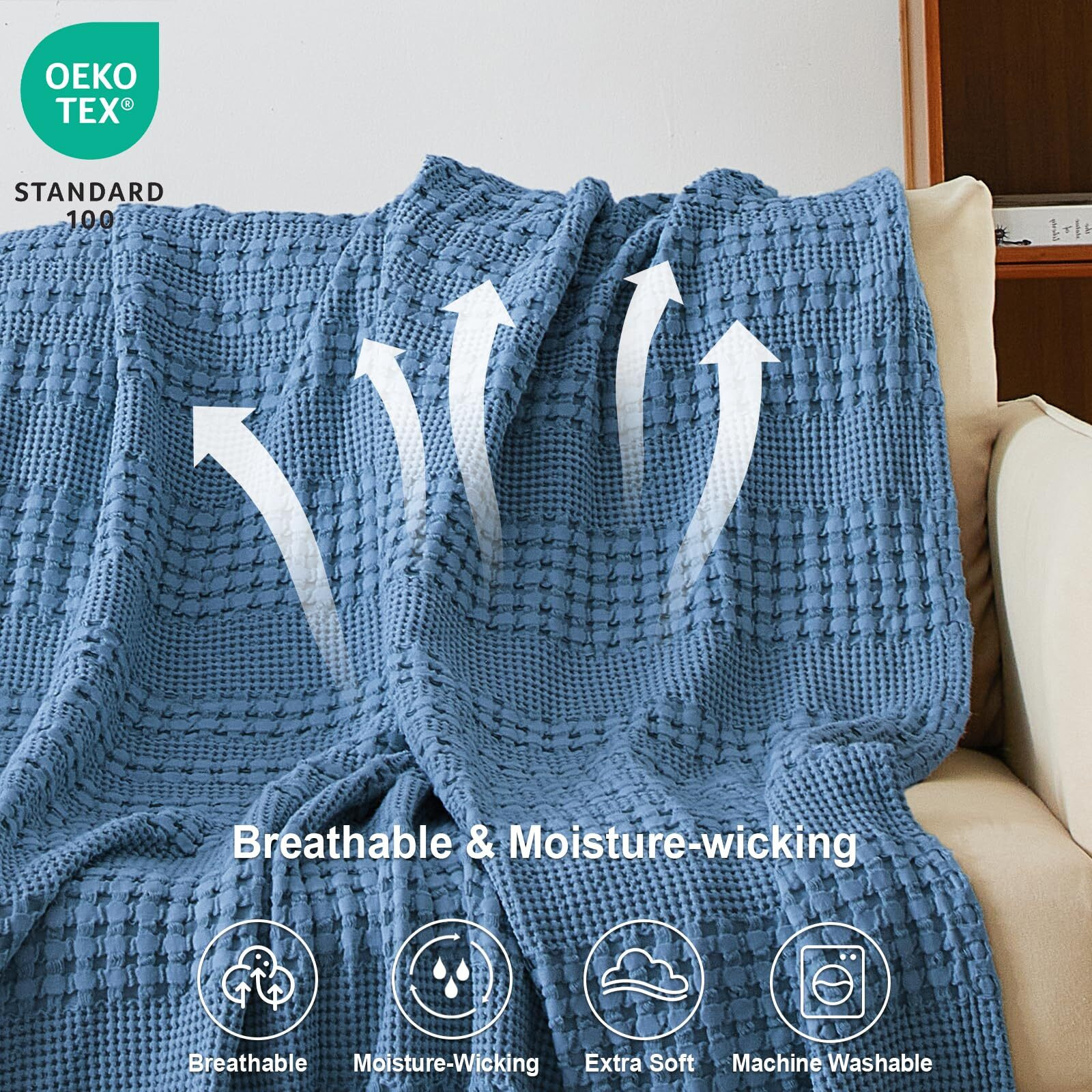 Phf 100% Cotton Waffle Weave Throw Blanket - Lightweight Washed Cotton Throw Blanket For Spring & Summer -50"&quotX60"" Aesthetic Breathable & Skin-Friendly Blanket For Room Decor & Office -Captain's Blue