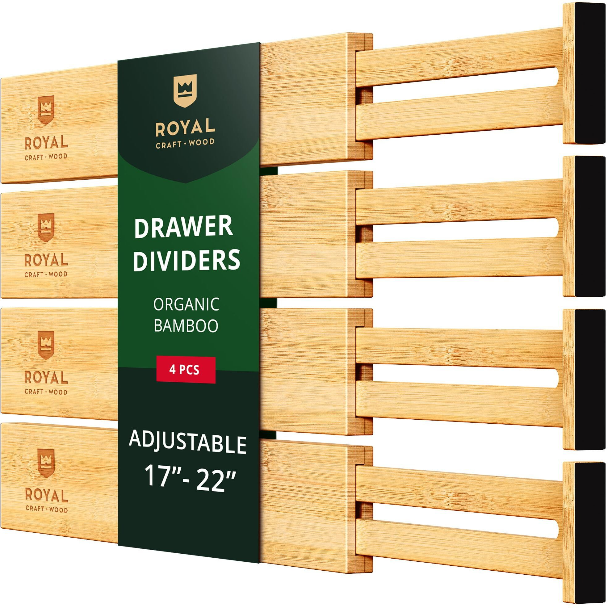 Drawer Divider And Organizer For Kitchen Organization - Adjustable Bamboo Drawer Dividers Organizers (17 - 22"") - 4-Pack Expandable Drawer Organization Separators For Kitchen, Bedroom & More, Natural