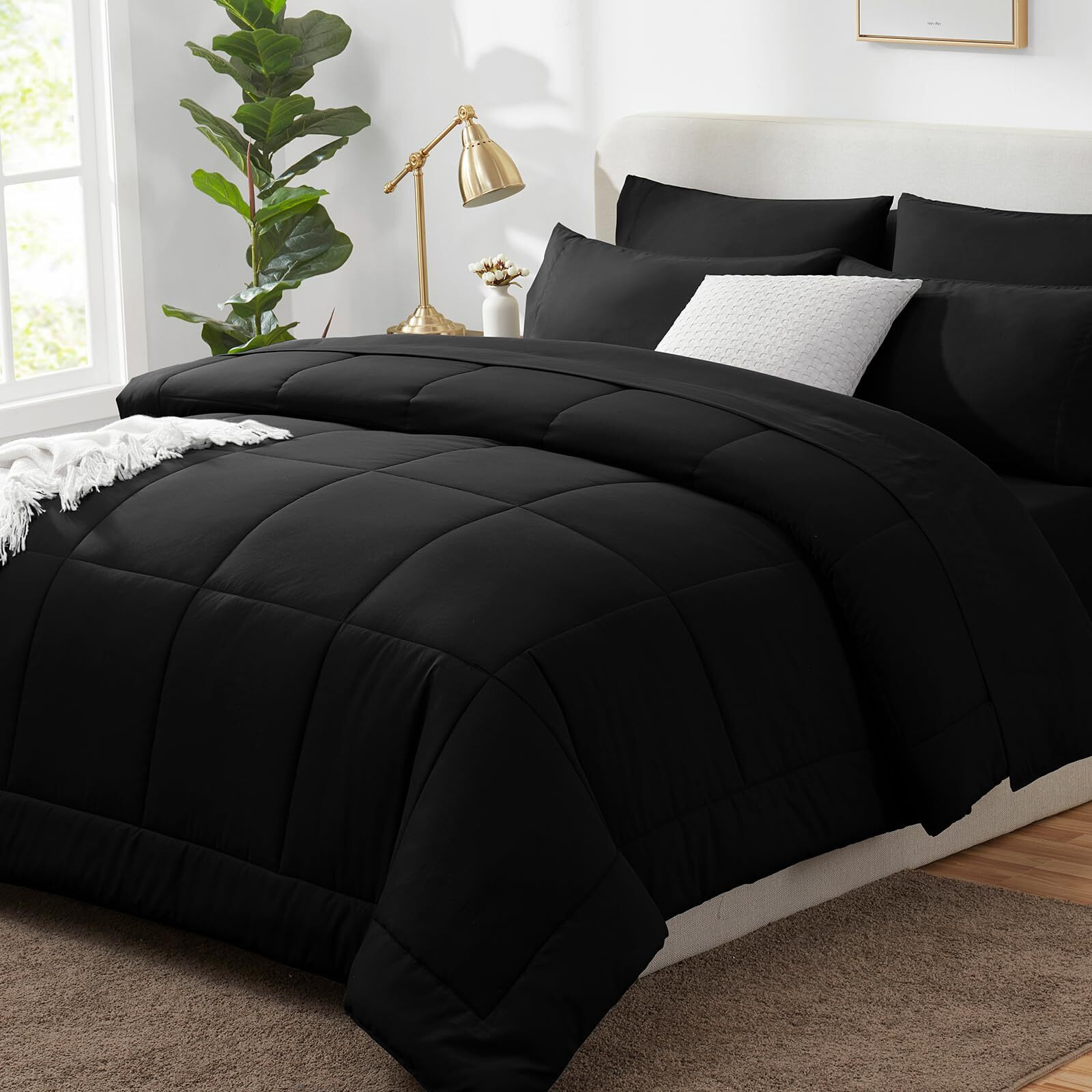 Cozylux Twin Xl Size Comforter Sets - 5 Pieces Bed In A Bag Set Black, Bedding Sets Twin Extra Long With All Season Quilted Comforter, Flat Sheet, Fitted Sheet, Pillowcases, Black
