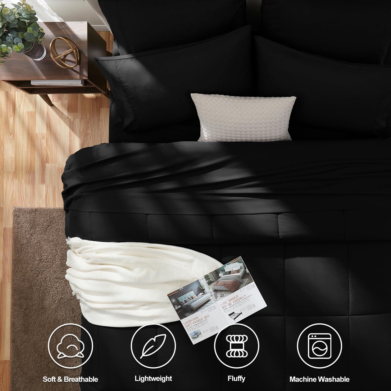 Cozylux Twin Xl Size Comforter Sets - 5 Pieces Bed In A Bag Set Black, Bedding Sets Twin Extra Long With All Season Quilted Comforter, Flat Sheet, Fitted Sheet, Pillowcases, Black