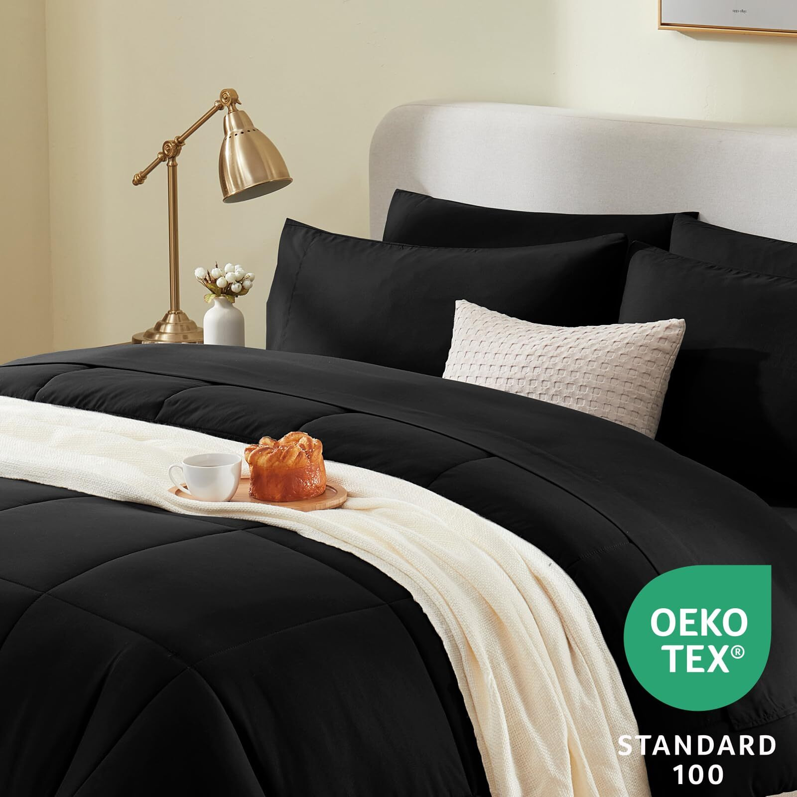 Cozylux Twin Xl Size Comforter Sets - 5 Pieces Bed In A Bag Set Black, Bedding Sets Twin Extra Long With All Season Quilted Comforter, Flat Sheet, Fitted Sheet, Pillowcases, Black