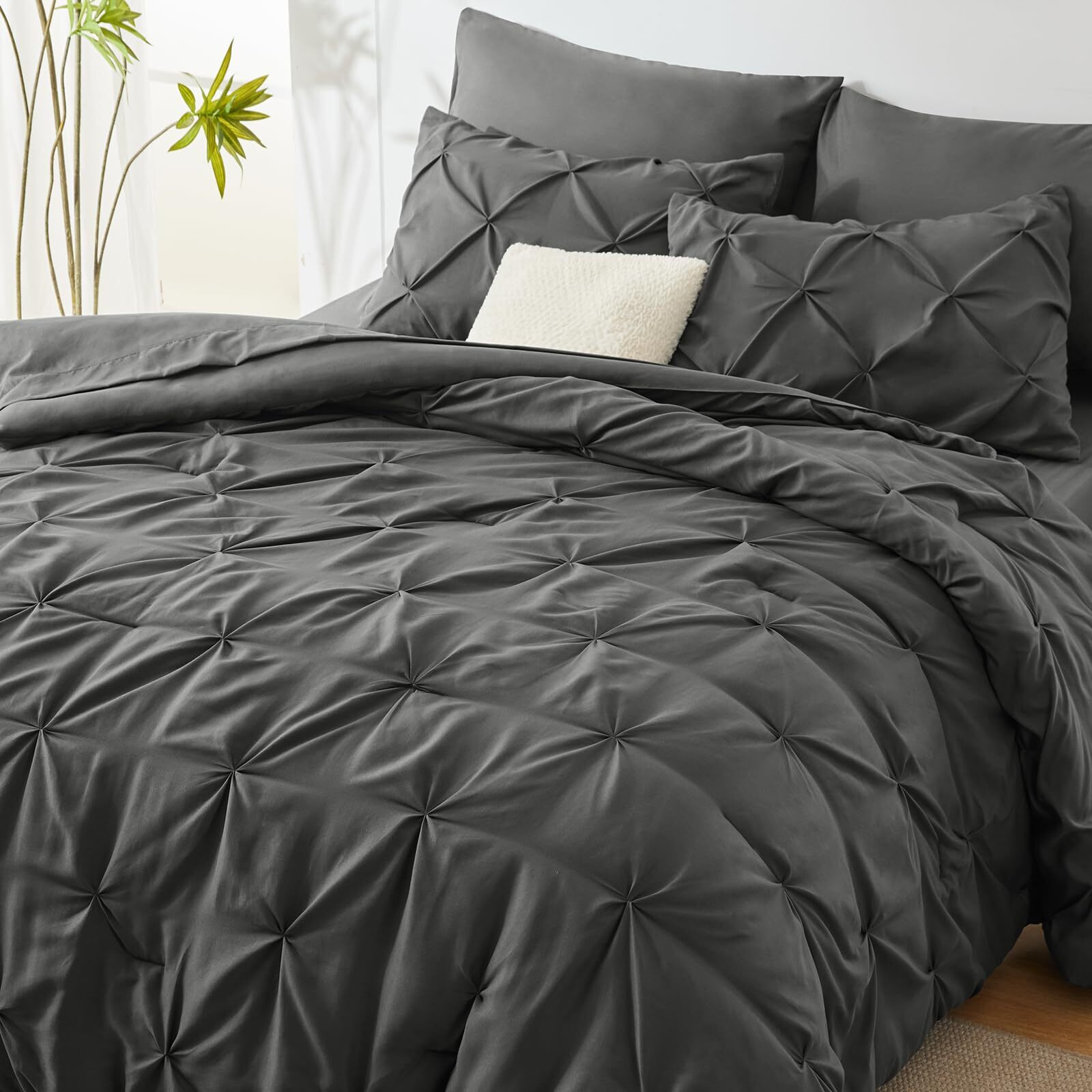 Cozylux Full Comforter Set - 7 Pieces Comforters Full Size Dark Gray, Grey Pintuck Bed In A Bag Pinch Pleat Bedding Sets With All Season Comforter, Flat Sheet, Fitted Sheet And Pillowcases & Shams