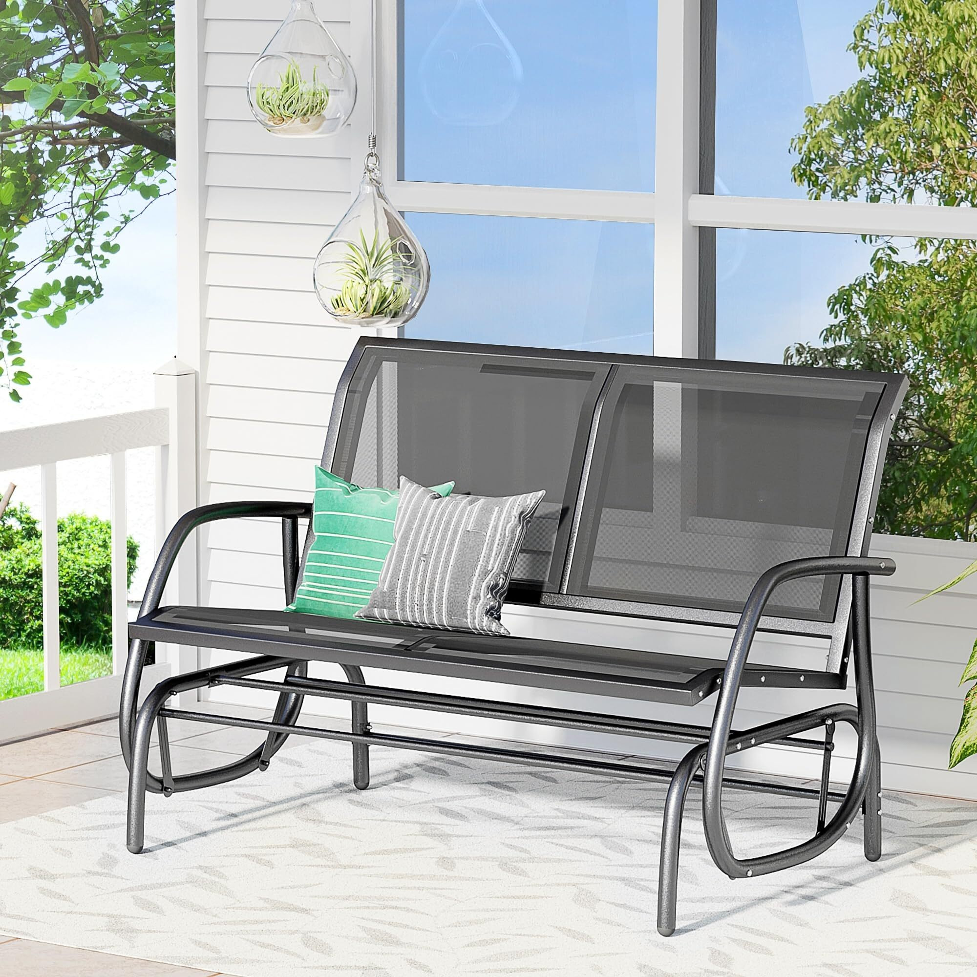 Outsunny 2-Person Outdoor Glider Bench, Patio Double Swing Rocking Chair Loveseat W/Powder Coated Steel Frame For Backyard Garden Porch, Black