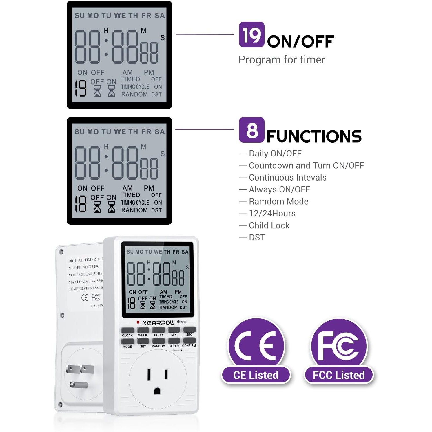 Outlet Timer, Nearpow Multifunctional Programmable Timer With Countdown And 7-Day Digital Infinite Repeat Cycle Intermittent, 19 On/Off Programs For Electrical Outlets, 3 Prong, 15A/1800W