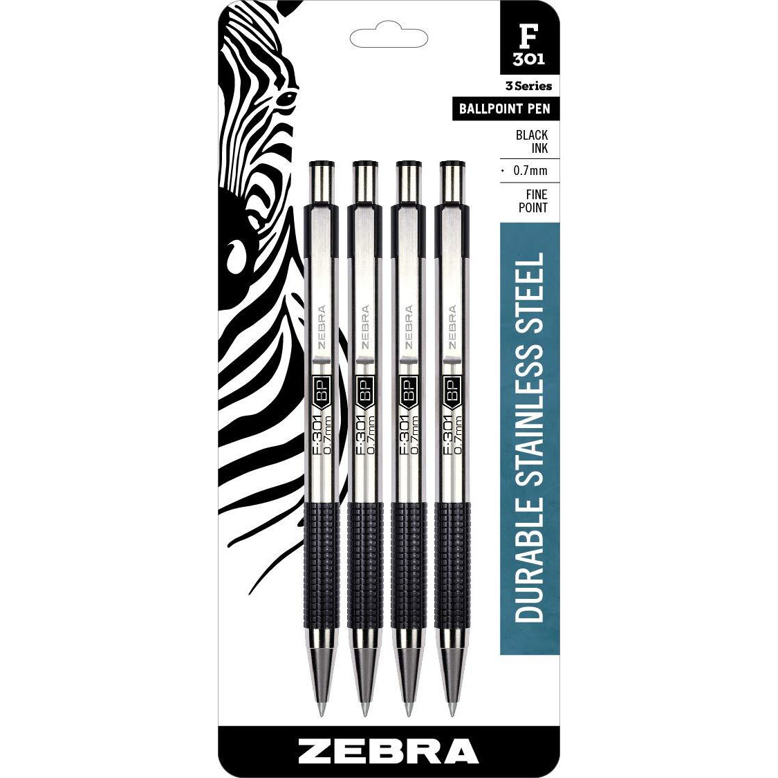 Zebra Pen F-301 Retractable Ballpoint Pen, Stainless Steel Barrel, Fine Point, 0.7Mm, Black Ink, 4-Pack (Packaging May Vary)