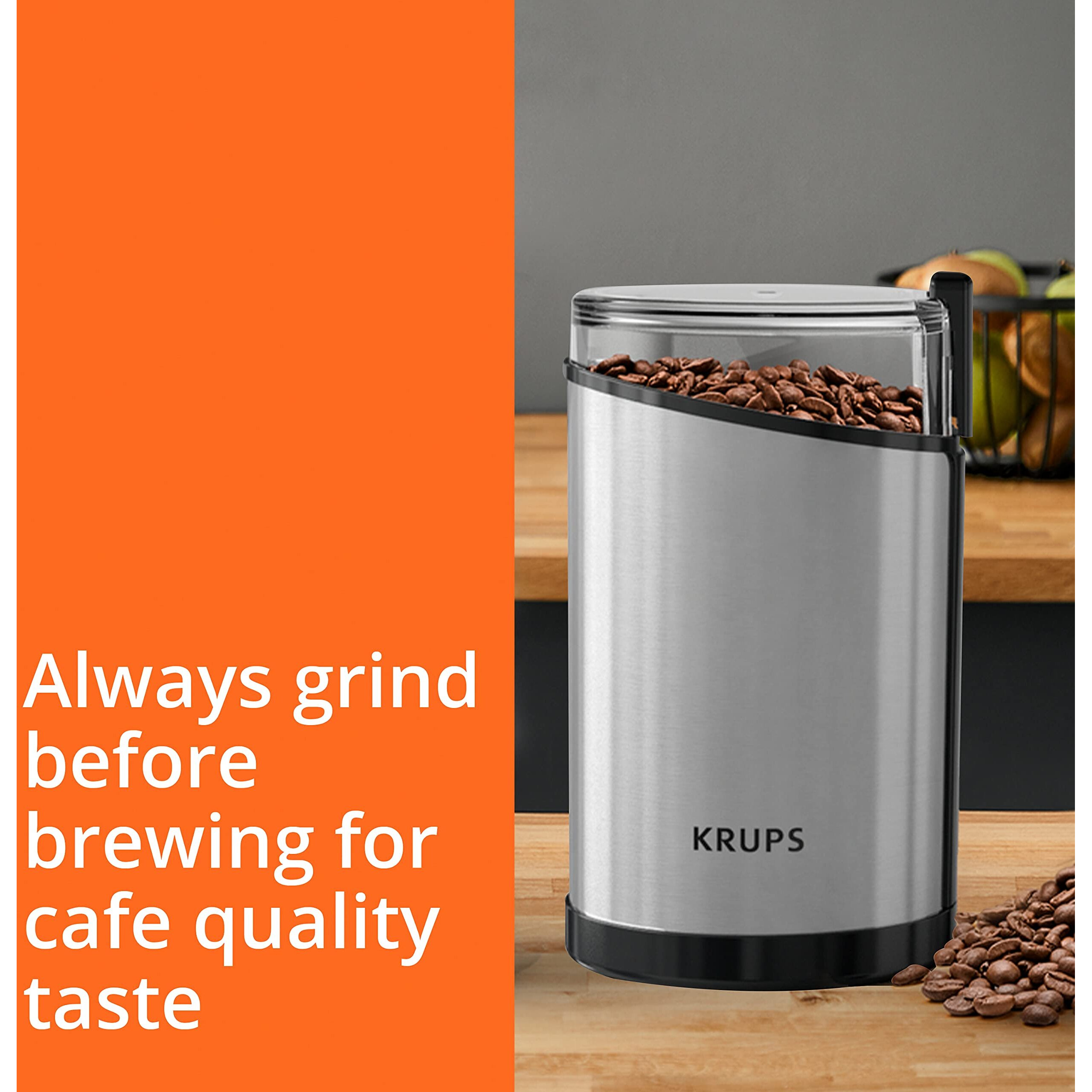 Krups Coffee Grinder, Fast-Touch, 3Oz, 85G Bean Hopper - Easy To Use, One Touch Operation - 200 Watts - Espresso Grinder, Spice Grinder, 2 To 12 Cup Coffee Bean Grinder, Silver