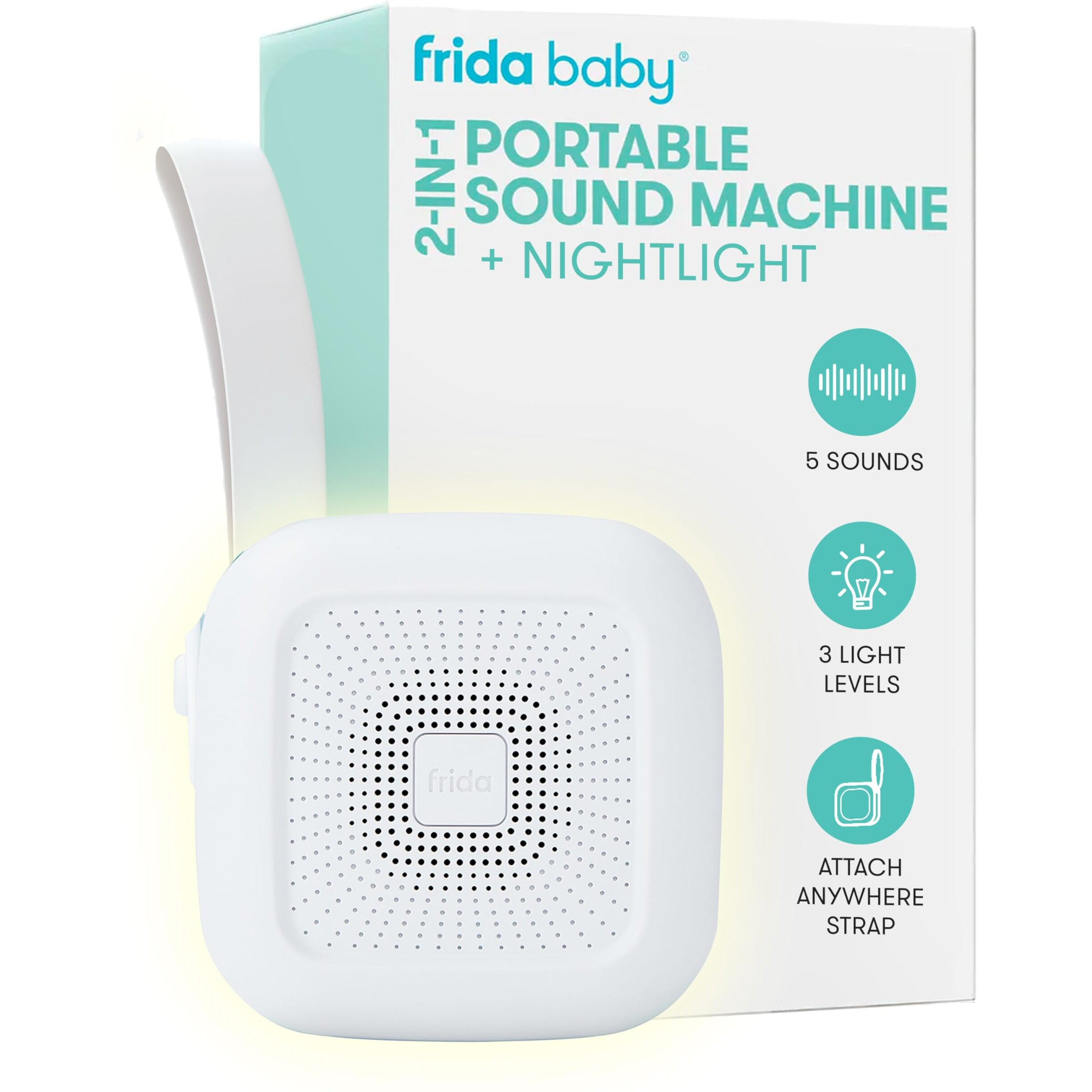 Frida Baby 2-In-1 Portable Sound Machine For Baby + Nightlight | White Noise Sound Machine For Baby With 5 Soothing Sounds & 3 Nightlight Modes | Travel Sound Machine Attaches To Strollers, Car Seats