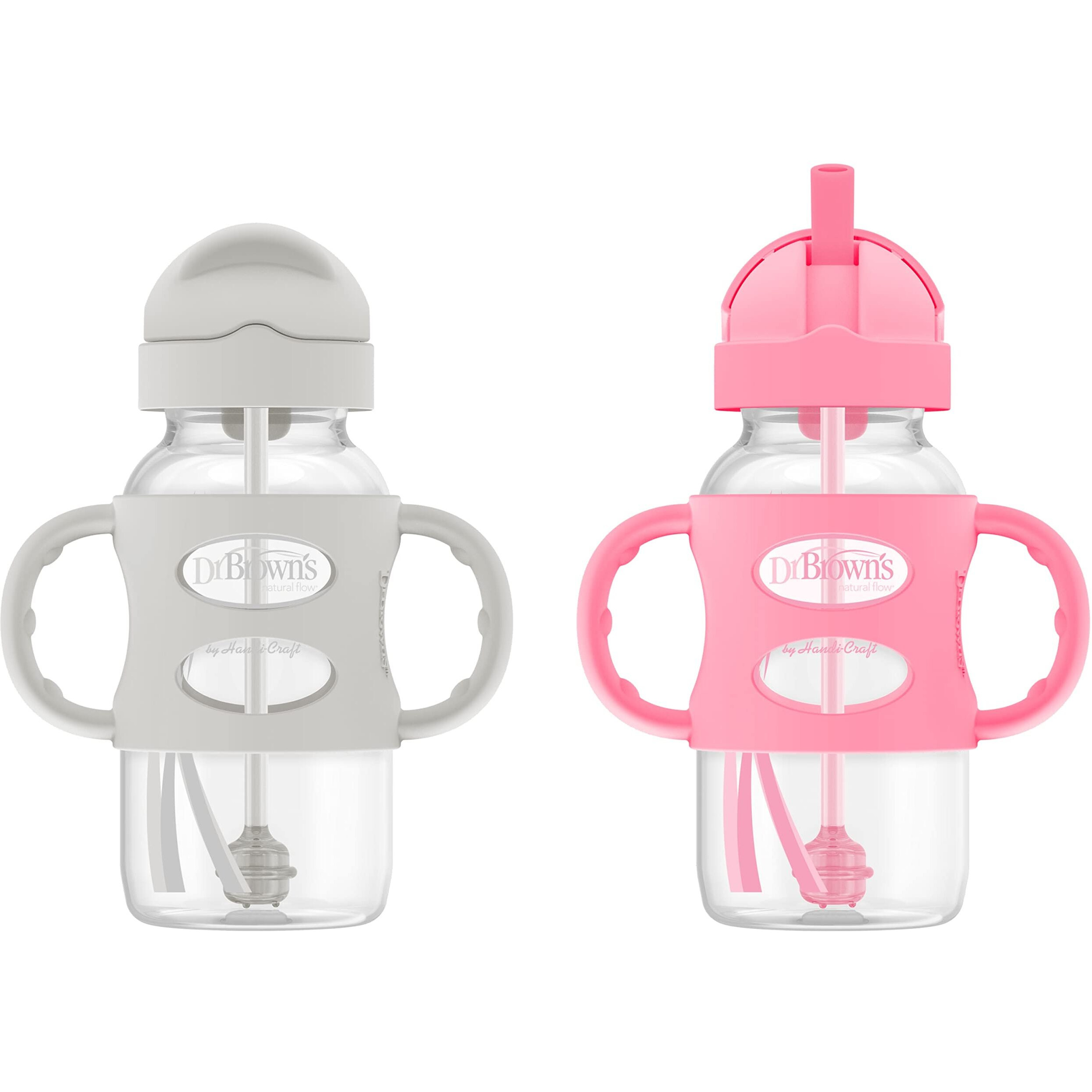 Dr. Brown's Milestones Wide-Neck Sippy Straw Bottle With 100% Silicone Handles And Weighted Straw, 9 Oz/270 Ml, Gray & Pink, 6M+, 2 Count (Pack Of 1)