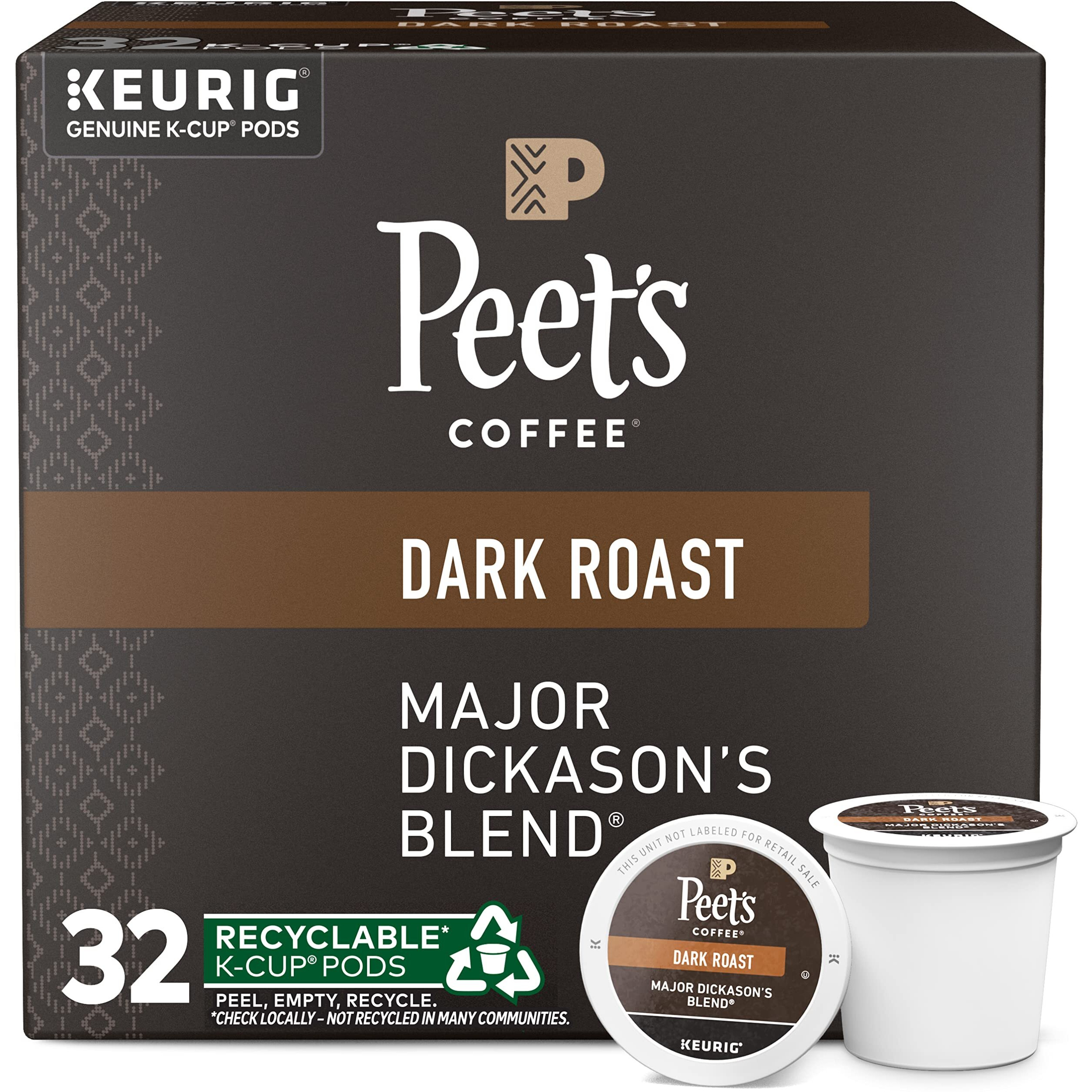 Peet's Coffee, Dark Roast K-Cup Pods For Keurig Brewers - Major Dickason's Blend 32 Count (1 Box Of 32 K-Cup Pods)