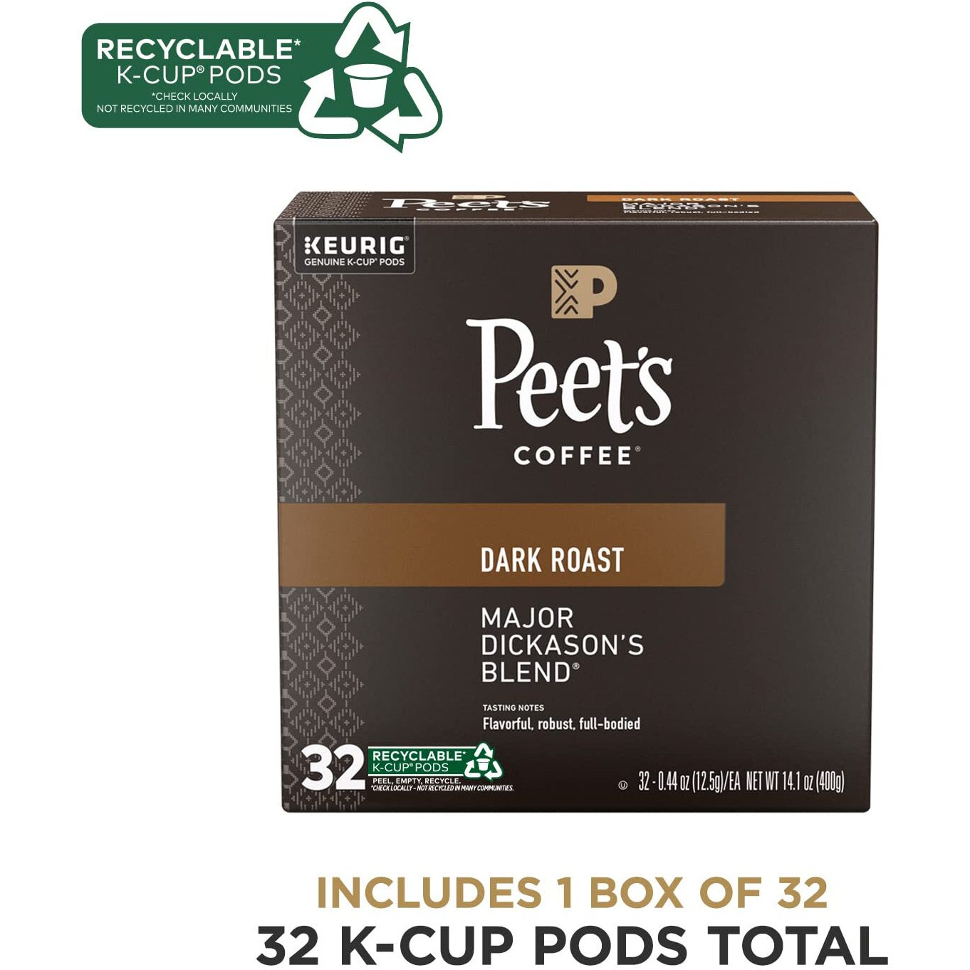 Peet's Coffee, Dark Roast K-Cup Pods For Keurig Brewers - Major Dickason's Blend 32 Count (1 Box Of 32 K-Cup Pods)