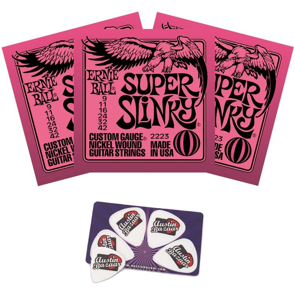 Ernie Ball 2223 Super Slinky String Set (9-42) Electric Guitar Strings - 3 Pack With Picks
