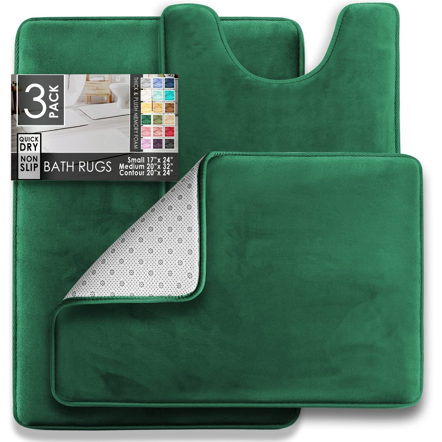 Clara Clark 3 Piece Bathroom Rugs Bath Mat Set, Velvet Memory Foam Bath Mats For Bathroom - Non-Slip, Pvc Backing Bath Rugs, Washable Bathroom Rug Mats - Dries Quickly, Green Bathroom Rug Set