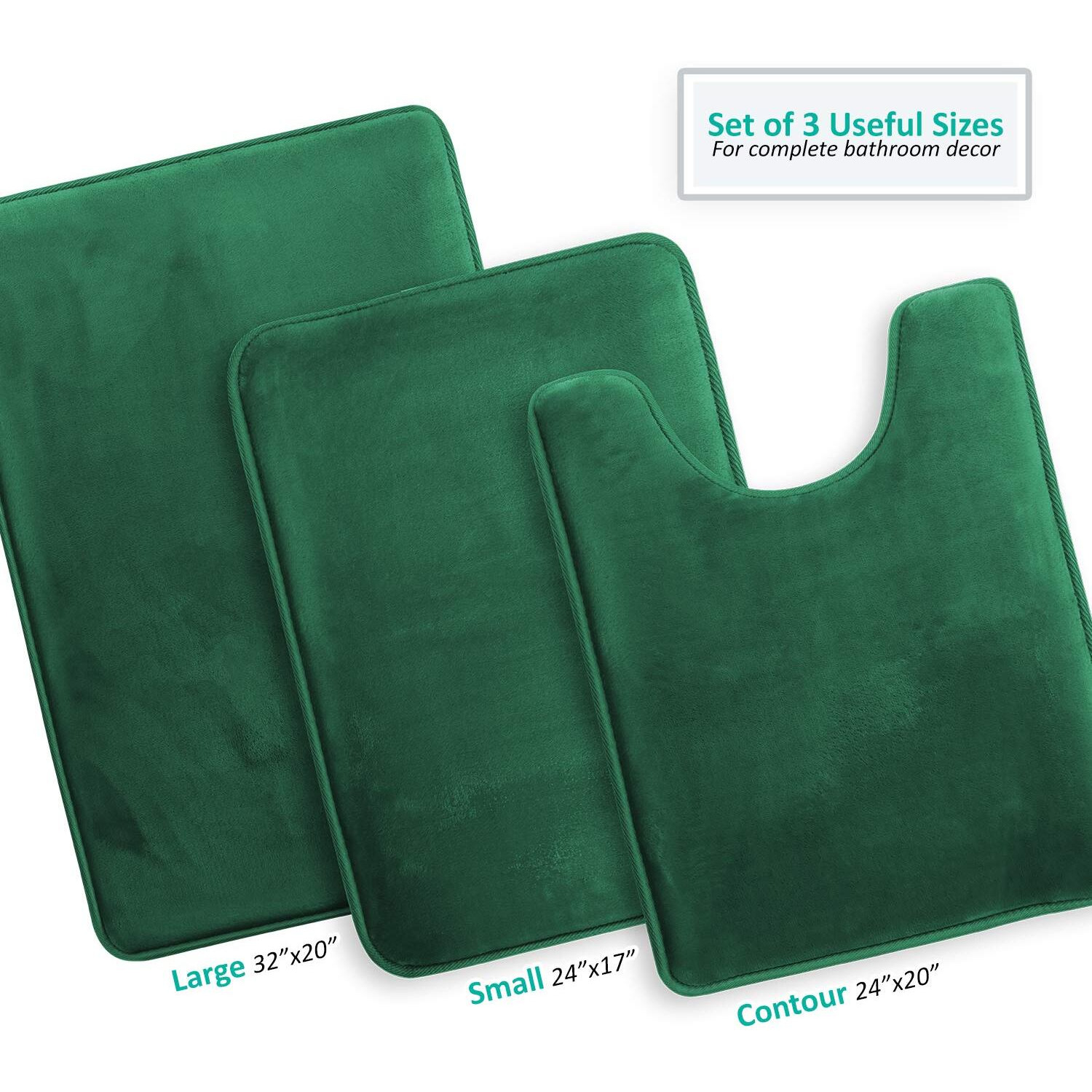 Clara Clark 3 Piece Bathroom Rugs Bath Mat Set, Velvet Memory Foam Bath Mats For Bathroom - Non-Slip, Pvc Backing Bath Rugs, Washable Bathroom Rug Mats - Dries Quickly, Green Bathroom Rug Set