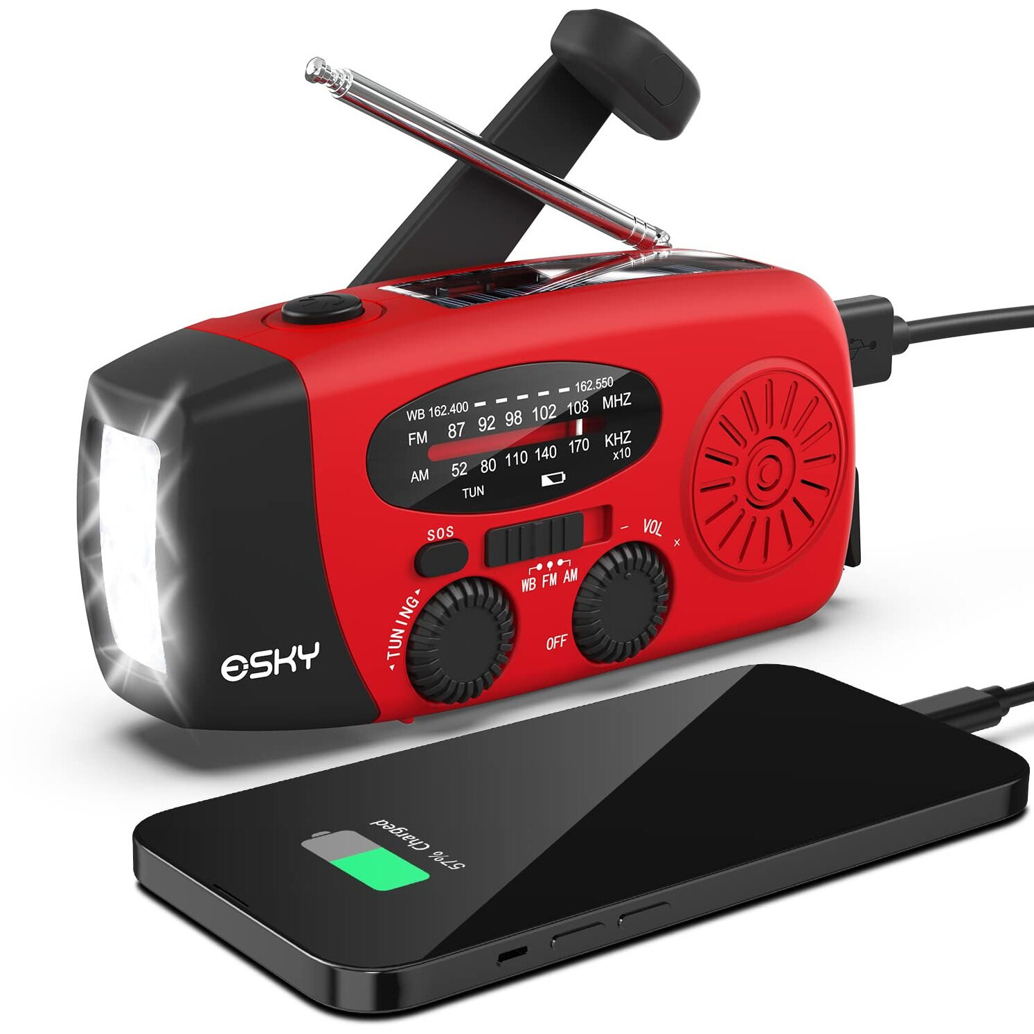 Esky Emergency Hand Crank Radio With 3 Led Flashlight, Am/Fm/Noaa Portable Weather Radio With 2000Mah Power Bank Phone Charger, Solar Powered Rechargeable Radio For Indoor Survival Camping, Sos Alarm