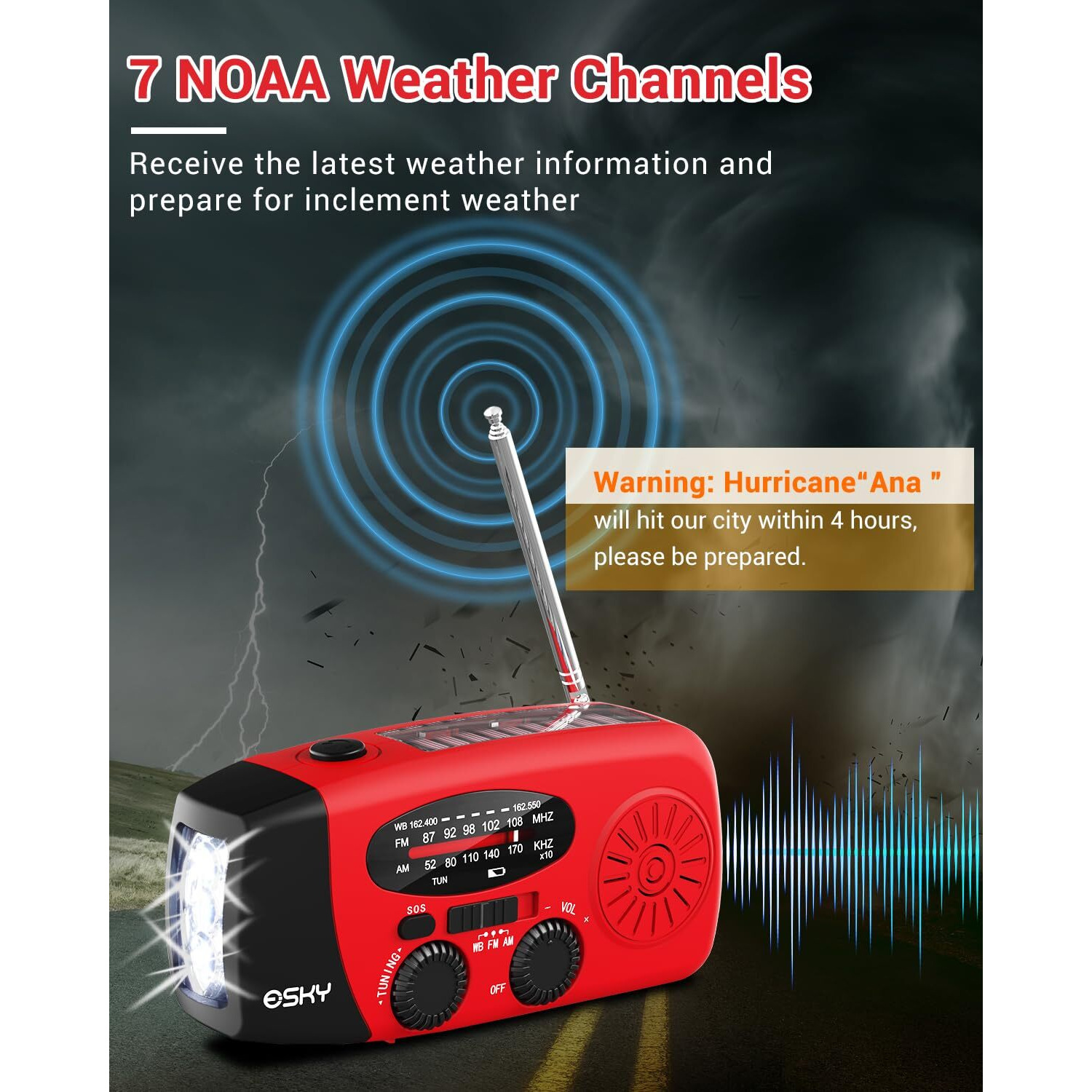 Esky Emergency Hand Crank Radio With 3 Led Flashlight, Am/Fm/Noaa Portable Weather Radio With 2000Mah Power Bank Phone Charger, Solar Powered Rechargeable Radio For Indoor Survival Camping, Sos Alarm