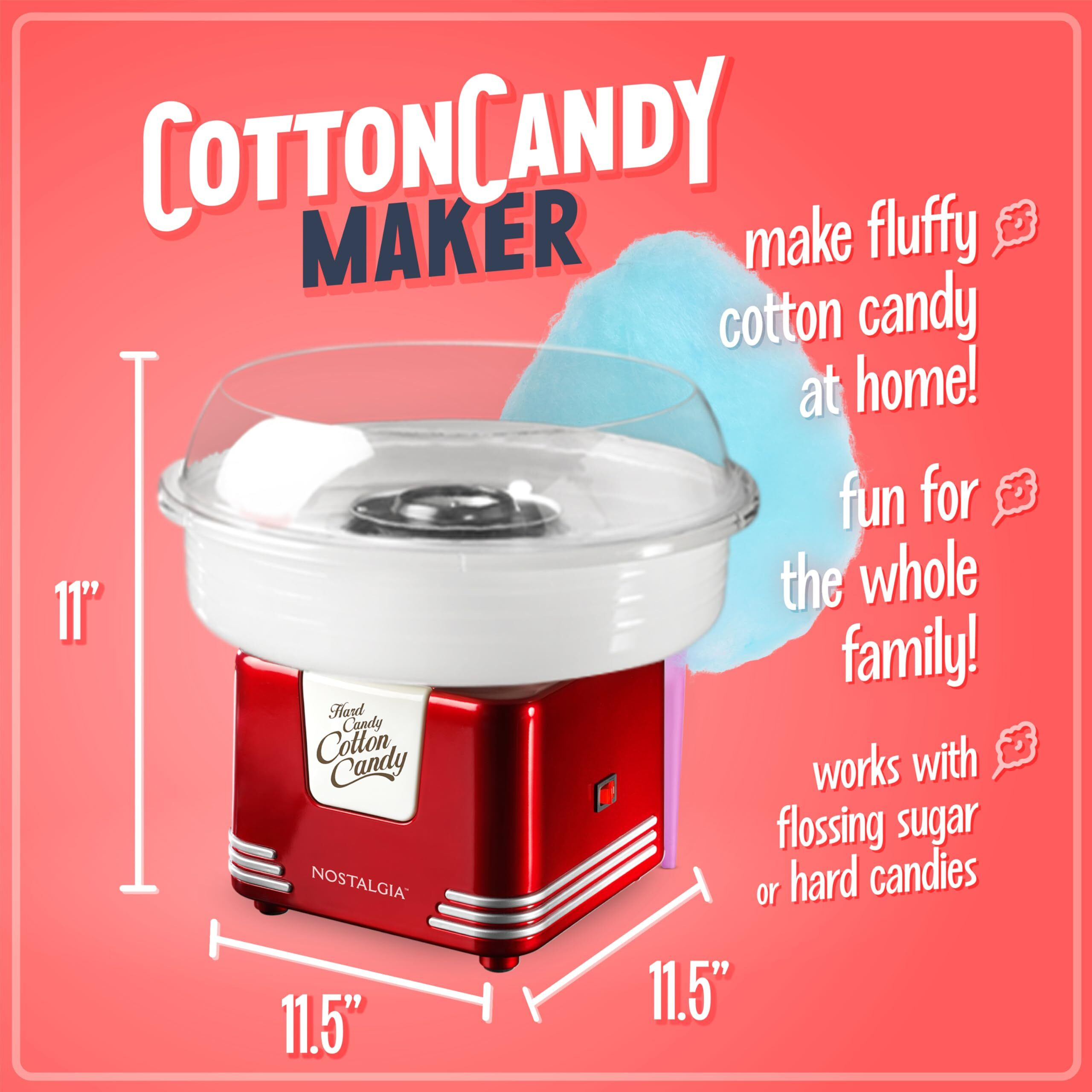 Nostalgia Cotton Candy Machine - Retro Cotton Candy Machine For Kids With 2 Reusable Cones, 1 Sugar Scoop, And 1 Extractor Head - Red