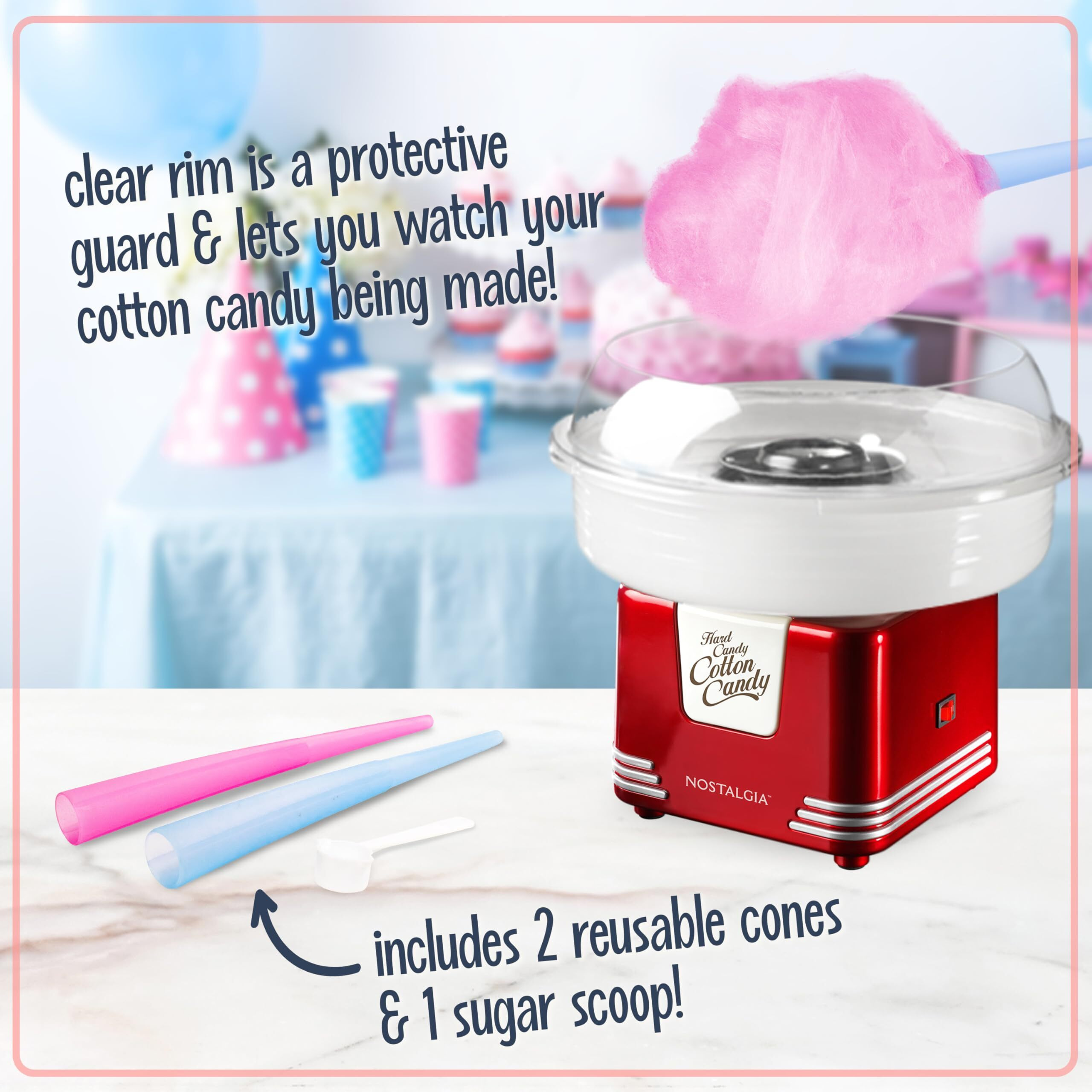 Nostalgia Cotton Candy Machine - Retro Cotton Candy Machine For Kids With 2 Reusable Cones, 1 Sugar Scoop, And 1 Extractor Head - Red