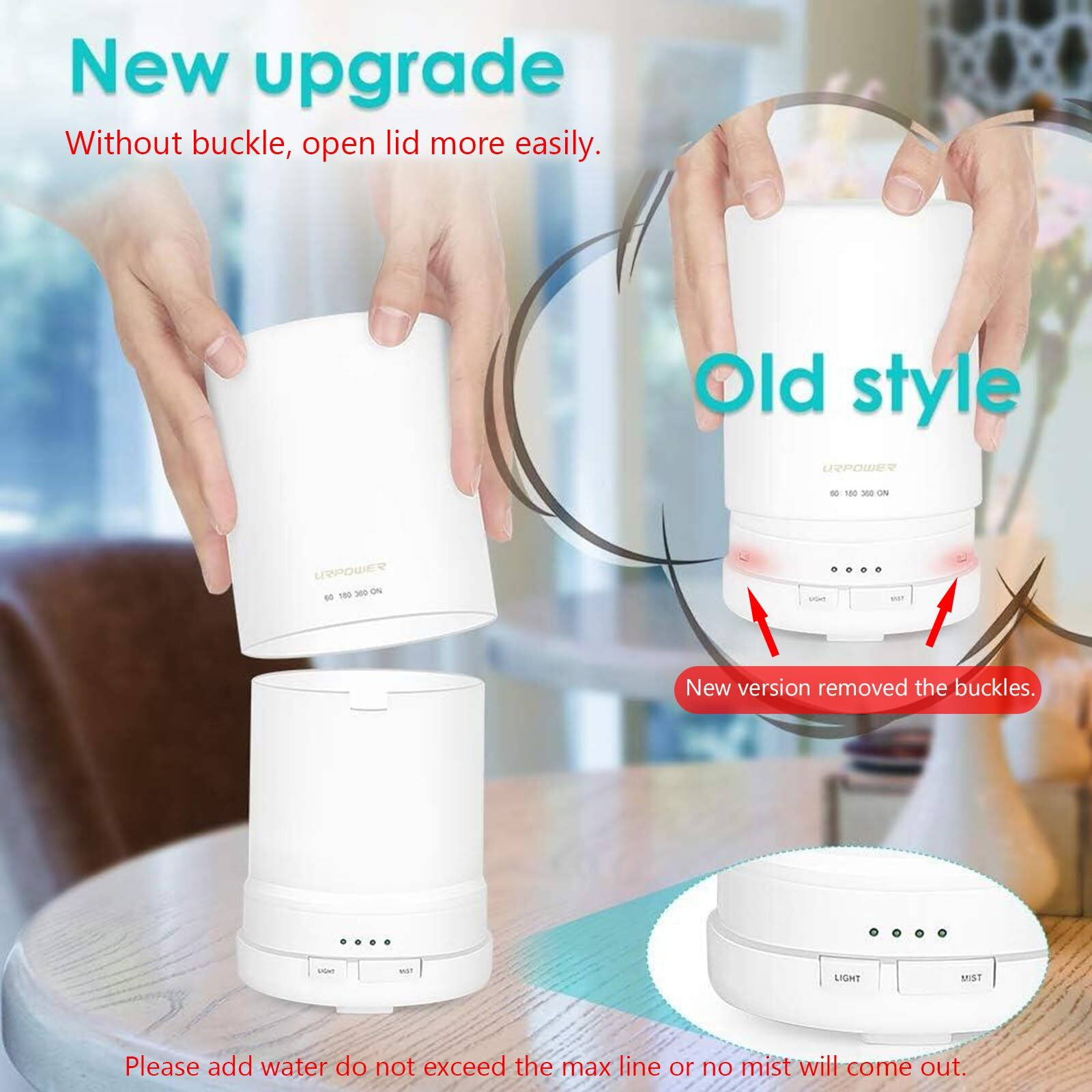 Urpower 2Nd Gen 300Ml Aroma Essential Oil Diffuser Night Light Ultrasonic Air Humidifier With Auto Shut Off And 6-7 Hours Continuous Diffusing - 7 Color Changing Led Lights And 4 Timer Settings