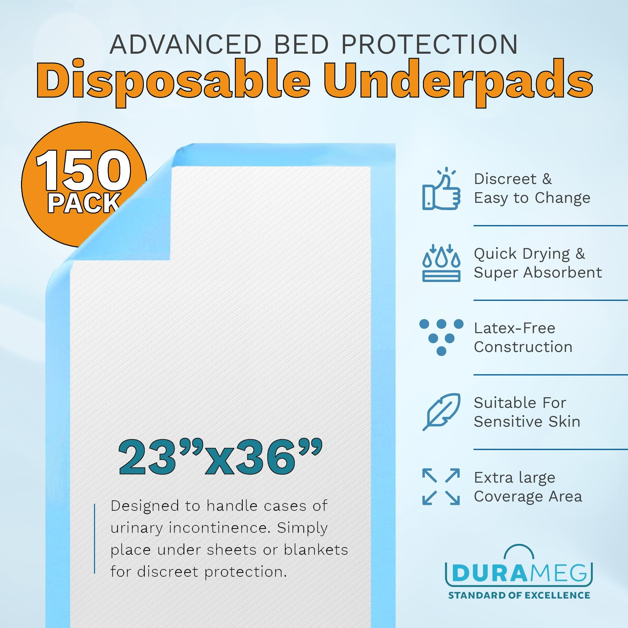 Chucks Pads Disposable [150-Pads] Underpads 23    X 36    Incontinence Chux Pads Absorbent Fluff Protective Bed Pads, Pee Pads For Babies, Kids, Adults & Elderly | Puppy Pads Large For Training Leak Proof