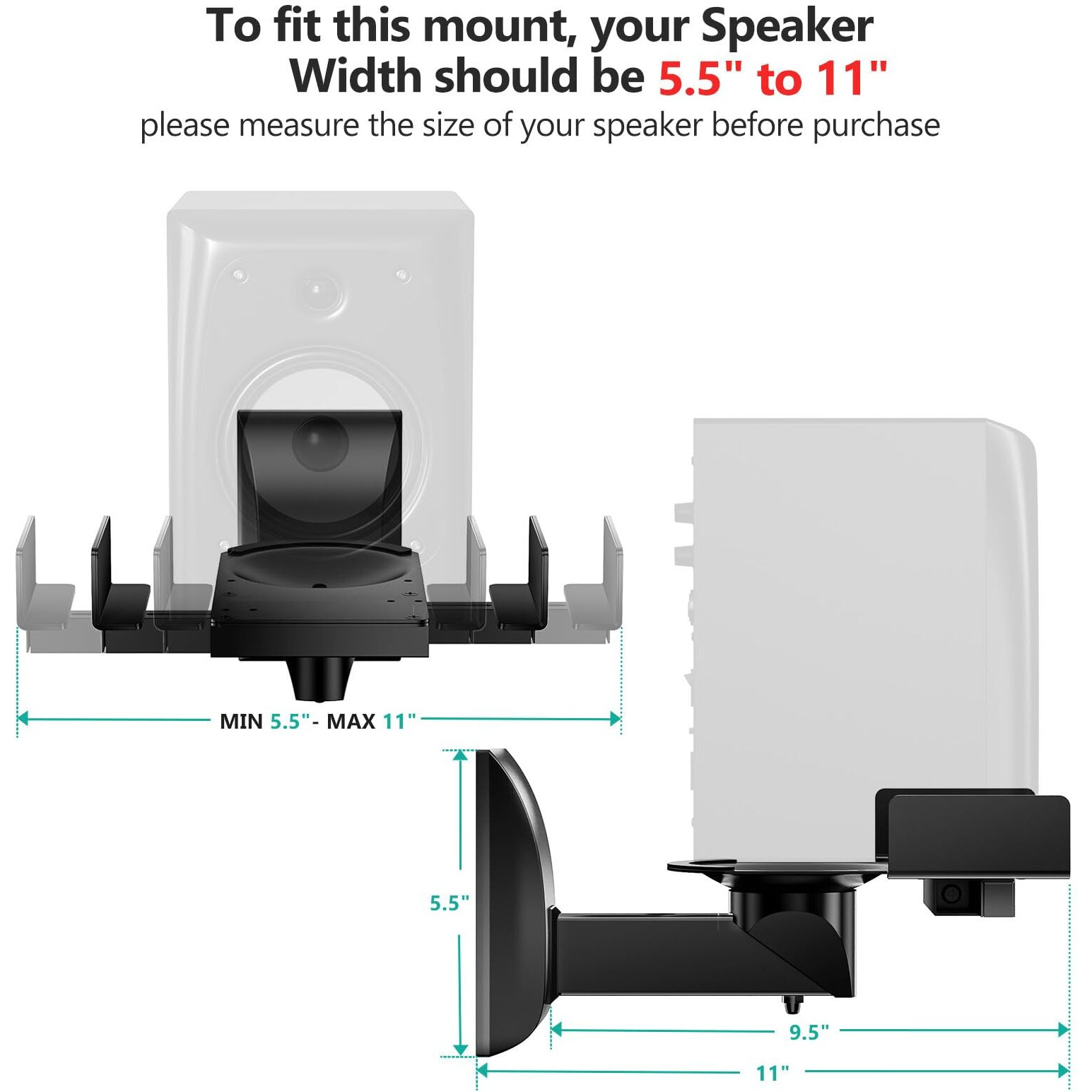 Wali Speaker Wall Mounts, Dual Side Clamping Bookshelf Mounting Bracket For Large Surrounding Sound Speakers, Hold Up To 55 Lbs. (Swm201), 1 Pair, Black