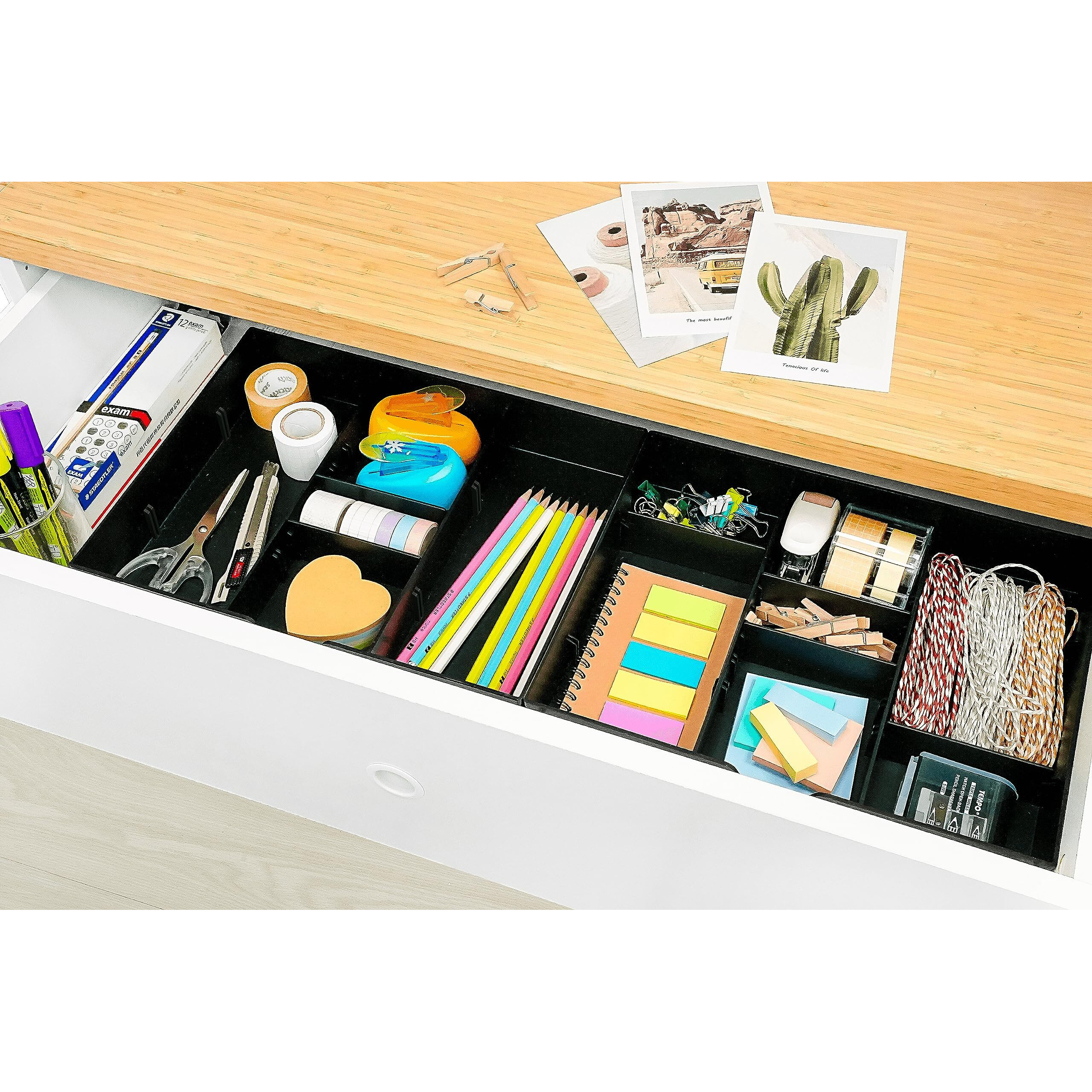 Caxxa 3 Slot Drawer Organizer With 4 Adjustable Dividers - Junk Drawer Storage For Office Desk Supplies And Accessories, Black (1 Pack)