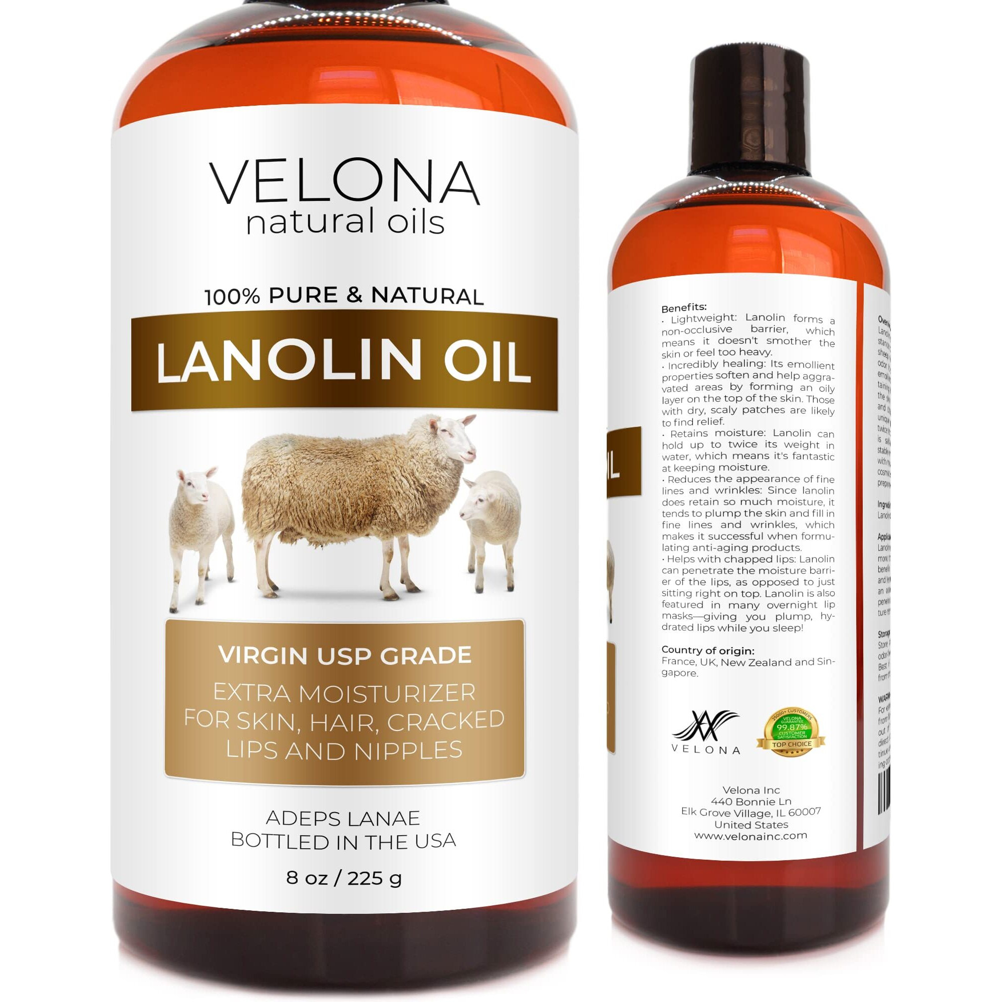 Velona Lanolin Oil Usp Grade 8 Fl Oz | 100% Pure And Natural Carrier Oil | Refined, Cold Pressed | Skin, Hair, Body & Face Moisturizing | Use Today - Enjoy Results