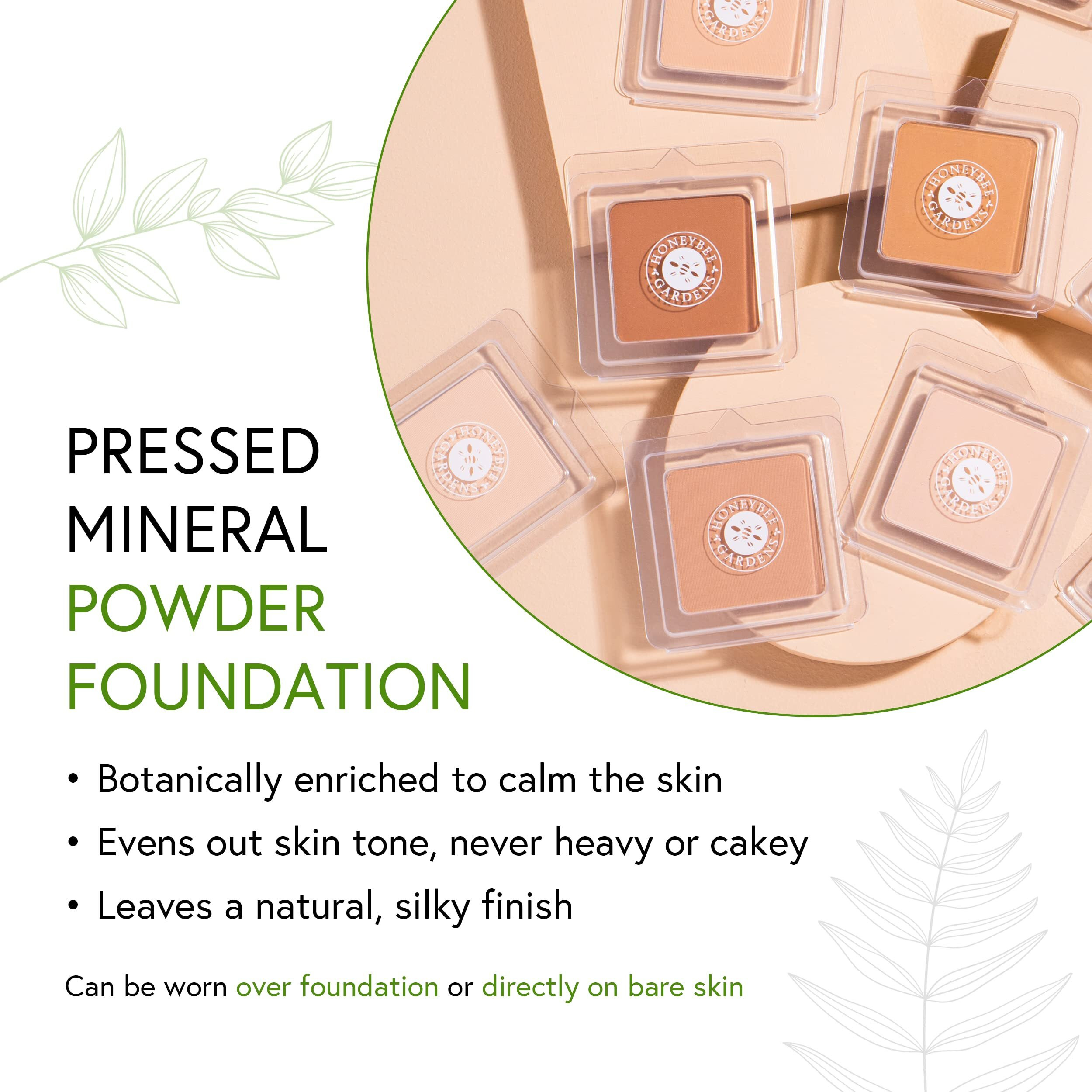 Honeybee Gardens Pressed Mineral Powder Foundation Refill, Sundance, Deep Tan/Mocha, Adjustable Coverage, Natural Finish, With Botanical Extracts And Vitamin E, 7.5G