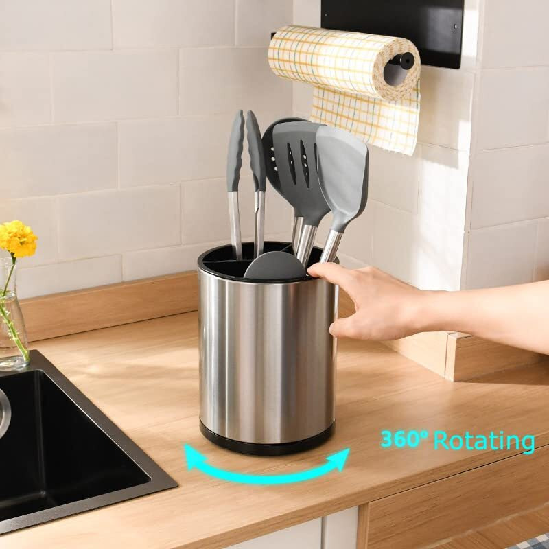 Redcall Stainless Steel Cooking Utensil Holder,360 Rotating Kitchen Utensil Holder,Extra Large Spatula Spoon Holder Counter,Weighted Base Utensil Caddy Storage Organizer For Countertop