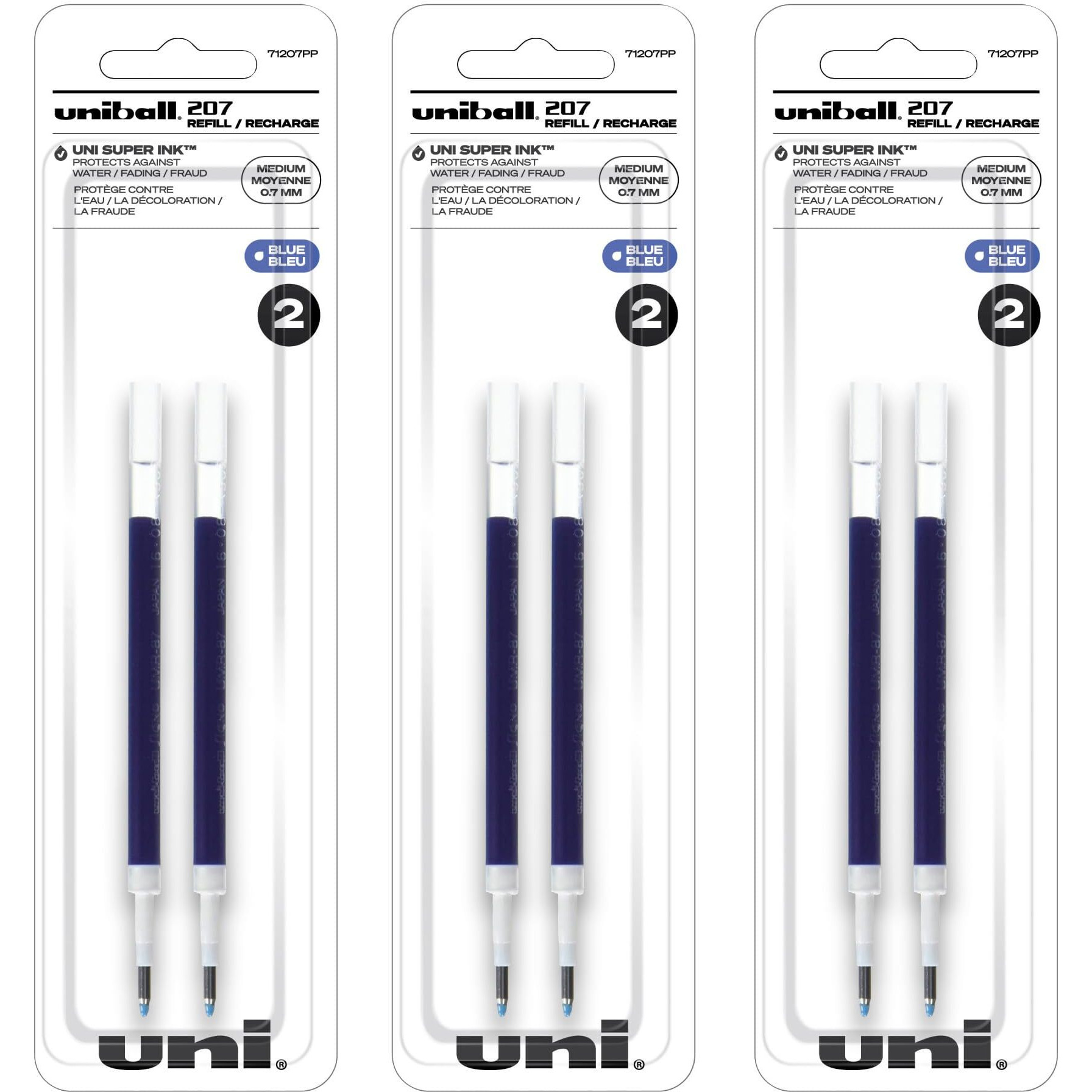 Uni-Ball Signo 207 Gel Pen Refills, 0.7Mm, Medium Point, Blue Ink, Pack Of 6