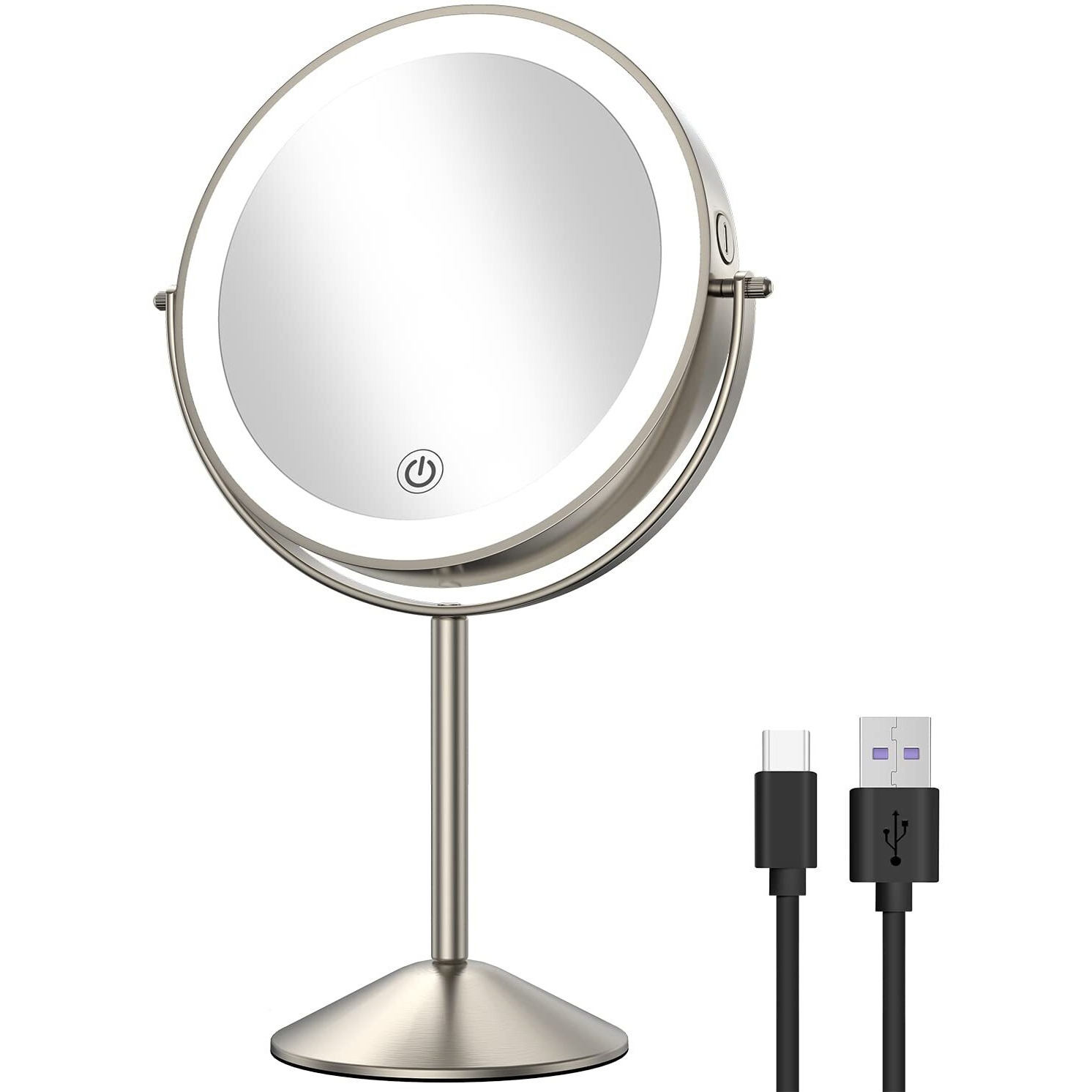 Gospire 8 "" Lighted Makeup Mirror With Magnification 10X/1X, 3 Color Lights & Dimmable Lighting, 360 Rotation Double Sided Rechargeable Cordless Vanity Cosmetic Standing Led Mirror For Makeup