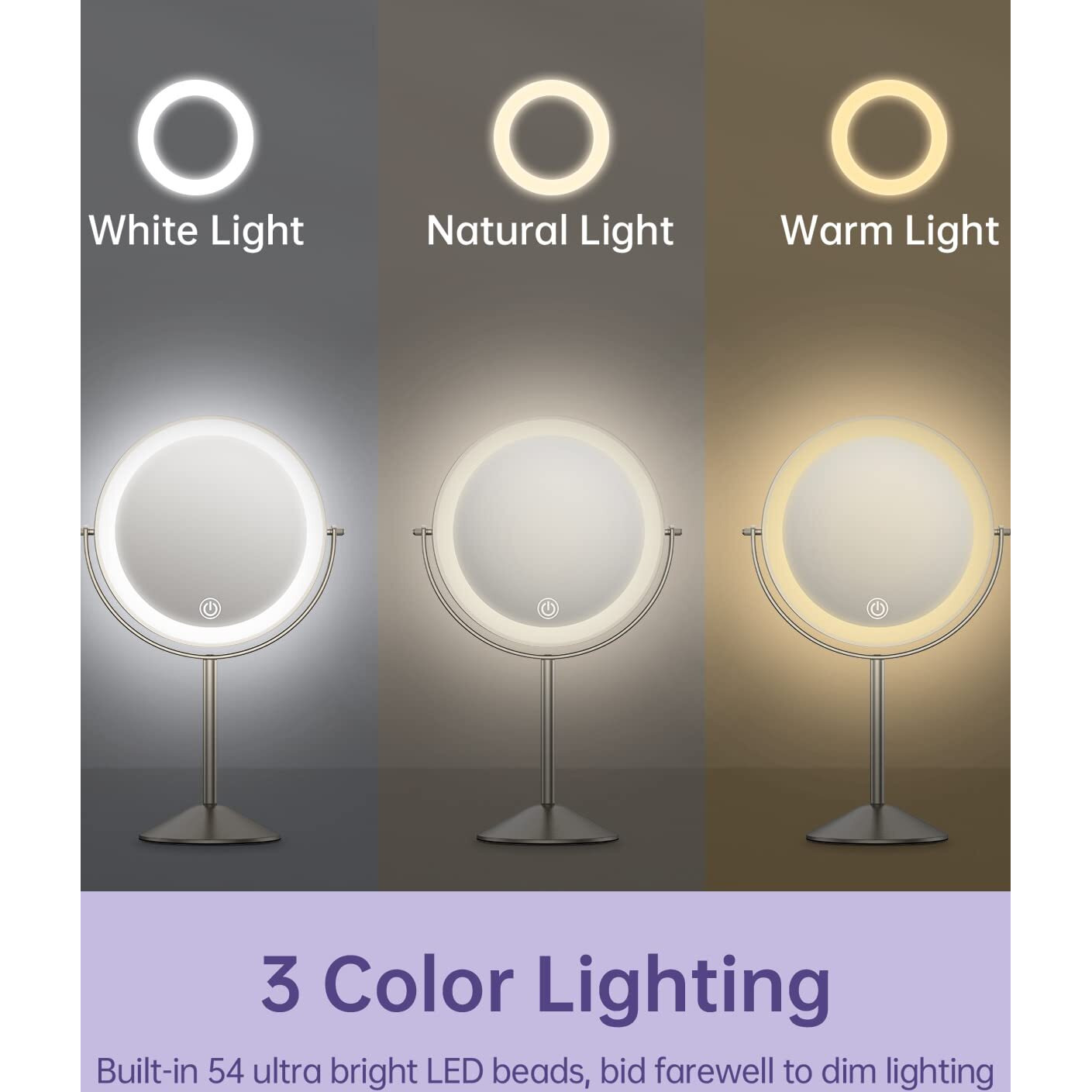 Gospire 8 "" Lighted Makeup Mirror With Magnification 10X/1X, 3 Color Lights & Dimmable Lighting, 360 Rotation Double Sided Rechargeable Cordless Vanity Cosmetic Standing Led Mirror For Makeup