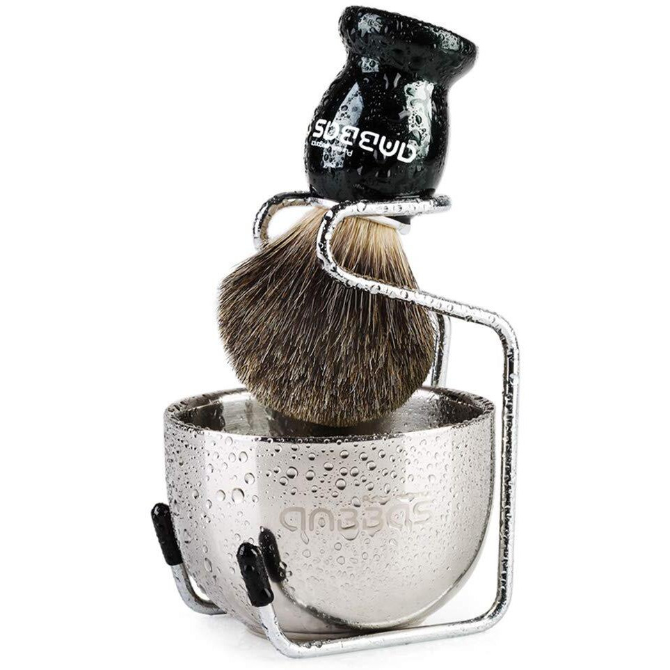 Anbbas Shaving Brush, 3In1 Best Pure Badger Shaving Brush Black Wood Handle,Stainless Steel Shaving Stand Brush Holder And Dia 3.2 Inches Shaving Soap Bowl For Men Perfect Wet Shaving Set